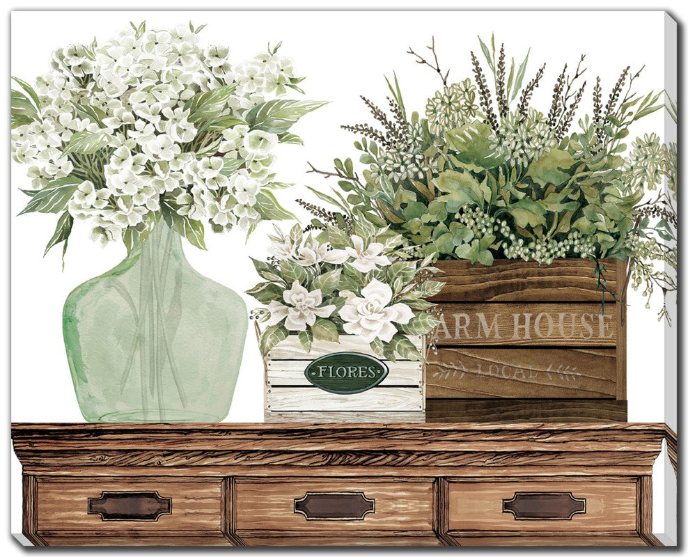 Country Flowers Wall Art - Green & Light Brown Framed Canvas Print 20x16 Inches - Perfect for Living Room, Bedroom & Office Decor