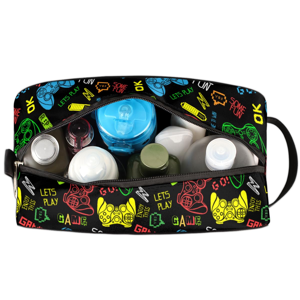 Video Games Themed Waterproof Hanging Toiletry Bag for Boys & Men - Large Capacity Travel Shaving Kit for Sports, Gym & Shower Use