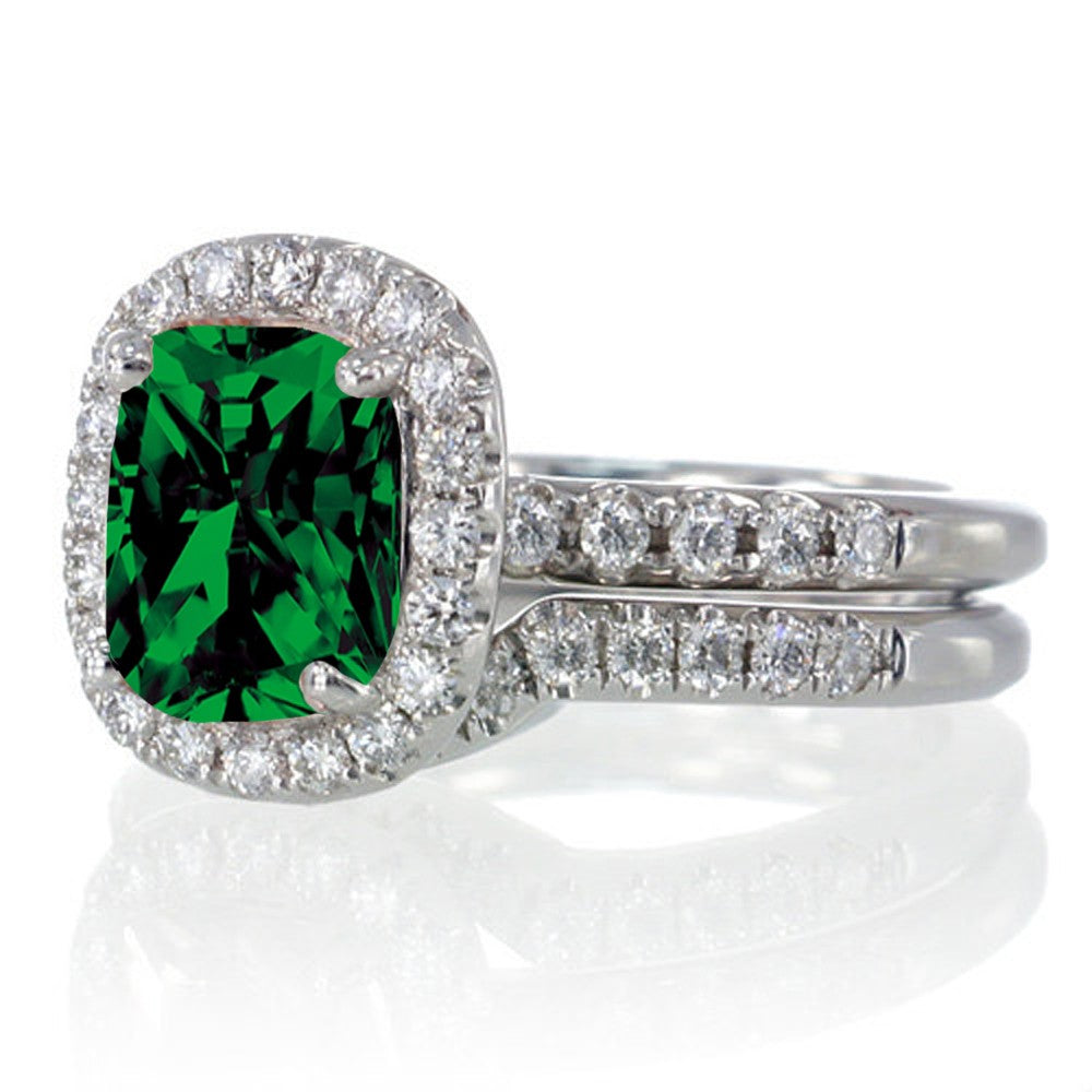 2 Carat Emerald & Moissanite Diamond Engagement Ring Set in 10k White Gold - Vintage Bridal Jewelry for Wedding, Anniversary & Special Occasions