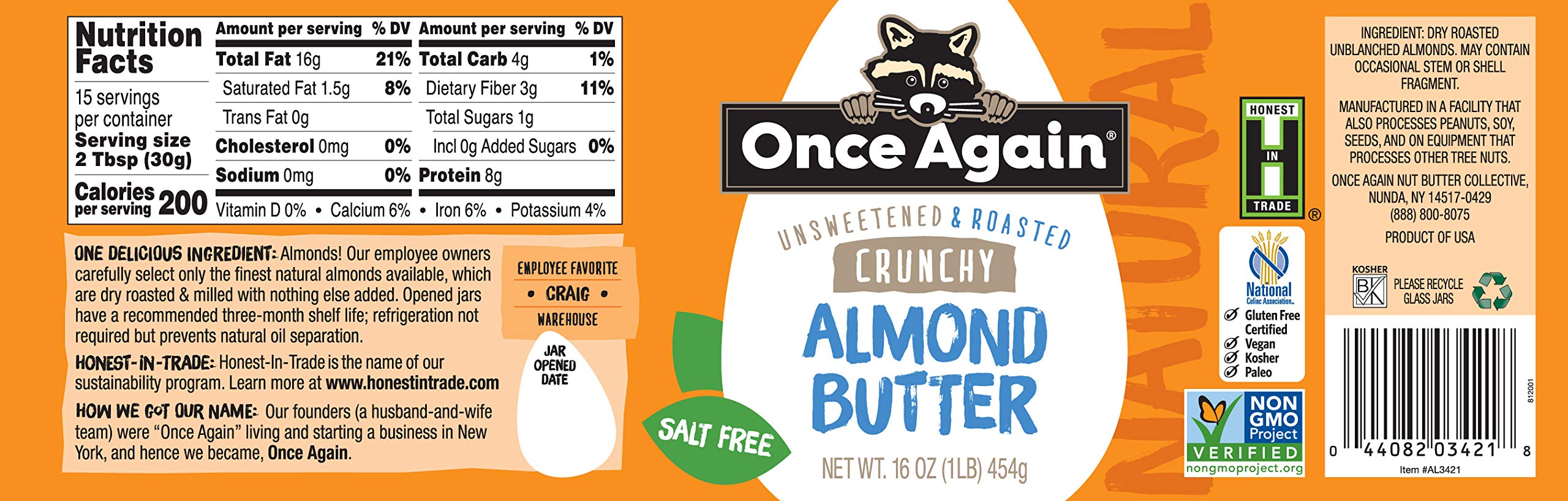 Once Again Natural Crunchy Almond Butter, 16oz - Roasted Unsalted Almond Butter, No Sugar Added, Gluten Free, Peanut Free, Vegan, Kosher & Paleo Certified - Healthy Snack for Toast, Smoothies & Baking