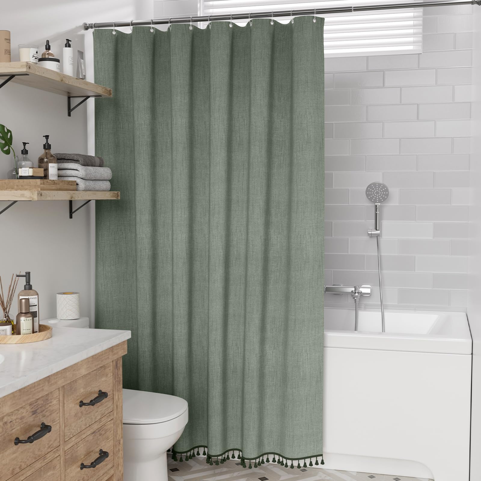 AmazerBath Boho Farmhouse Shower Curtain with Tassels - Sage Green Faux Linen Fabric Bathroom Curtain Set with 12 Hooks (72x72 Inches) - Hotel Quality Waterproof Shower Curtain for Vintage, Rustic or Bohemian Style Bathrooms