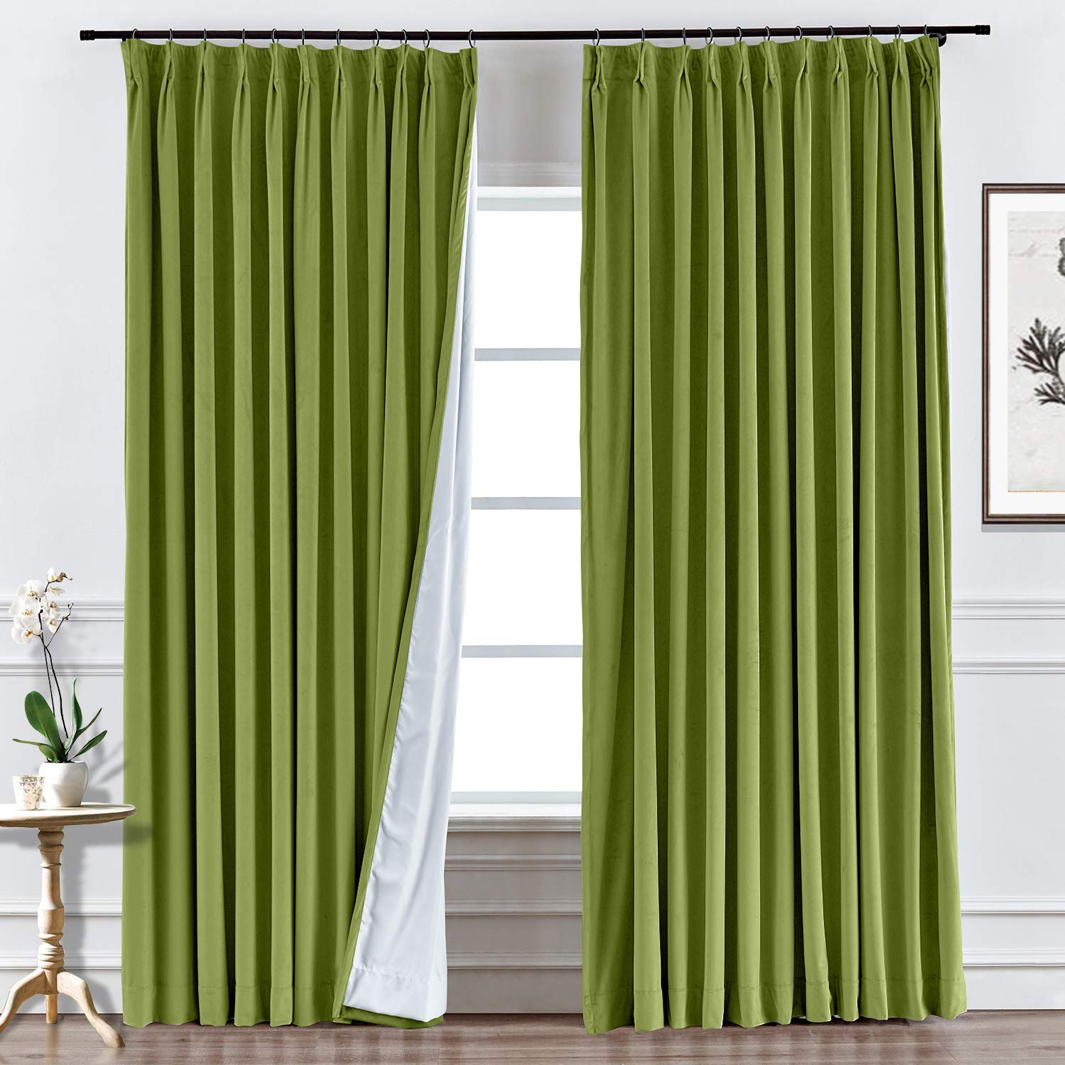 Prim Thermal Blackout Curtains - Soft Velvet Pinch Pleat Room Darkening Window Drapes for Bedroom (Perennial Green, 58x96 Inch, 1 Panel) - Perfect for Home, Office & Nursery Light Control & Energy Efficiency