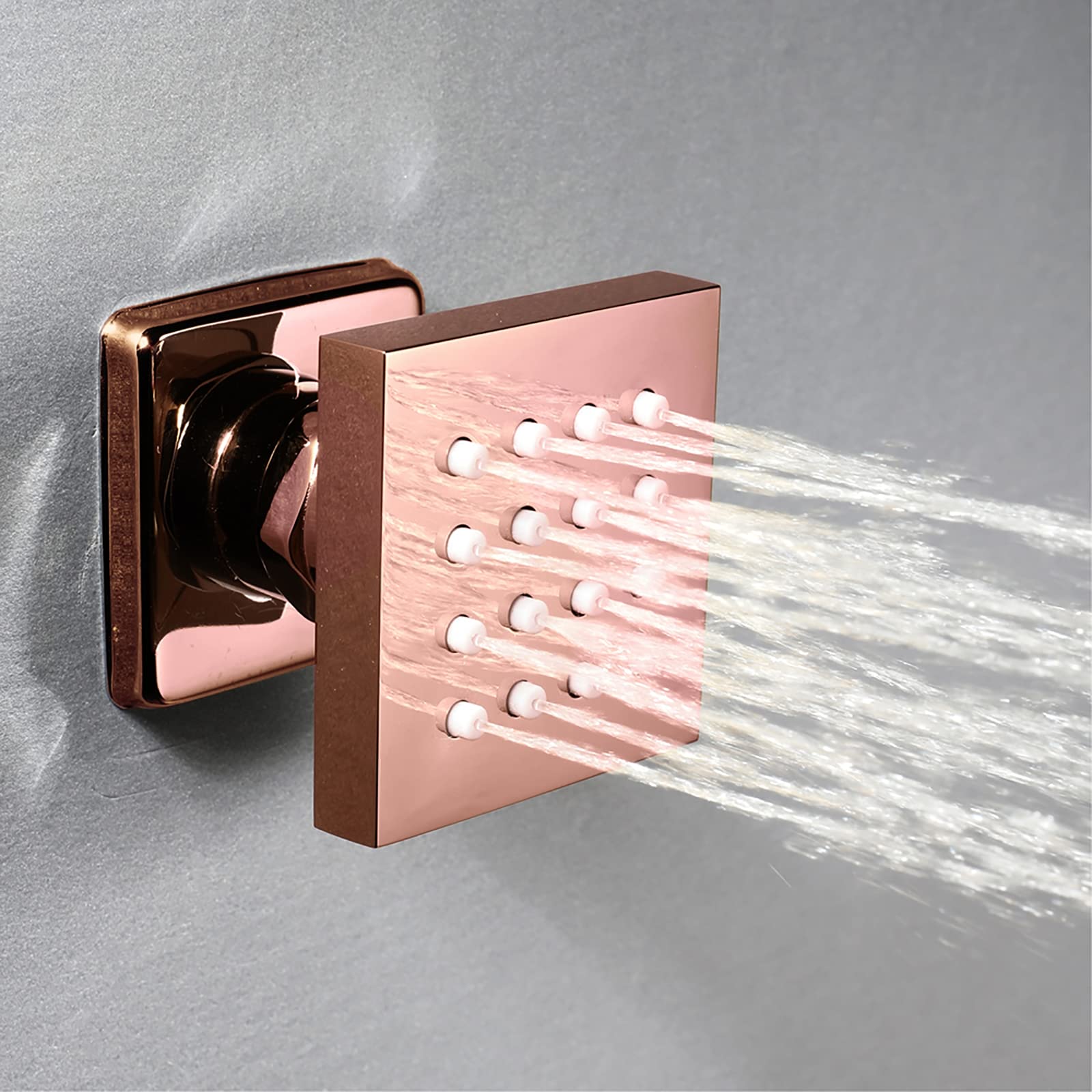 Premium Rose Gold Square Shower Body Spray Massage Jet - 4 Pack Adjustable Wall Mount Brass Shower Head Sprayer (50x50mm) for Luxurious Spa-Like Bathroom Experience