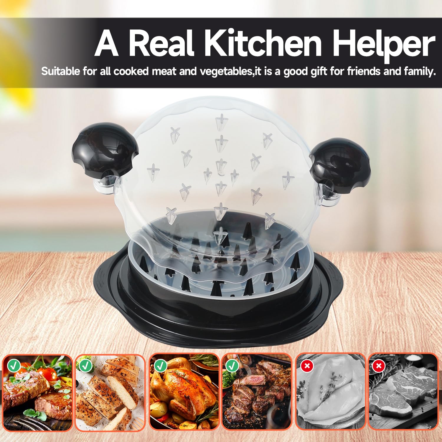 Premium Chicken Shredder Tool - Large BPA-Free Meat Shredder with Brush & Fork, Anti-Slip Ergonomic Handle for Pulled Chicken, BBQ, Tacos, Salads - Includes Separate Plate (10x10x2 Inches, Black)