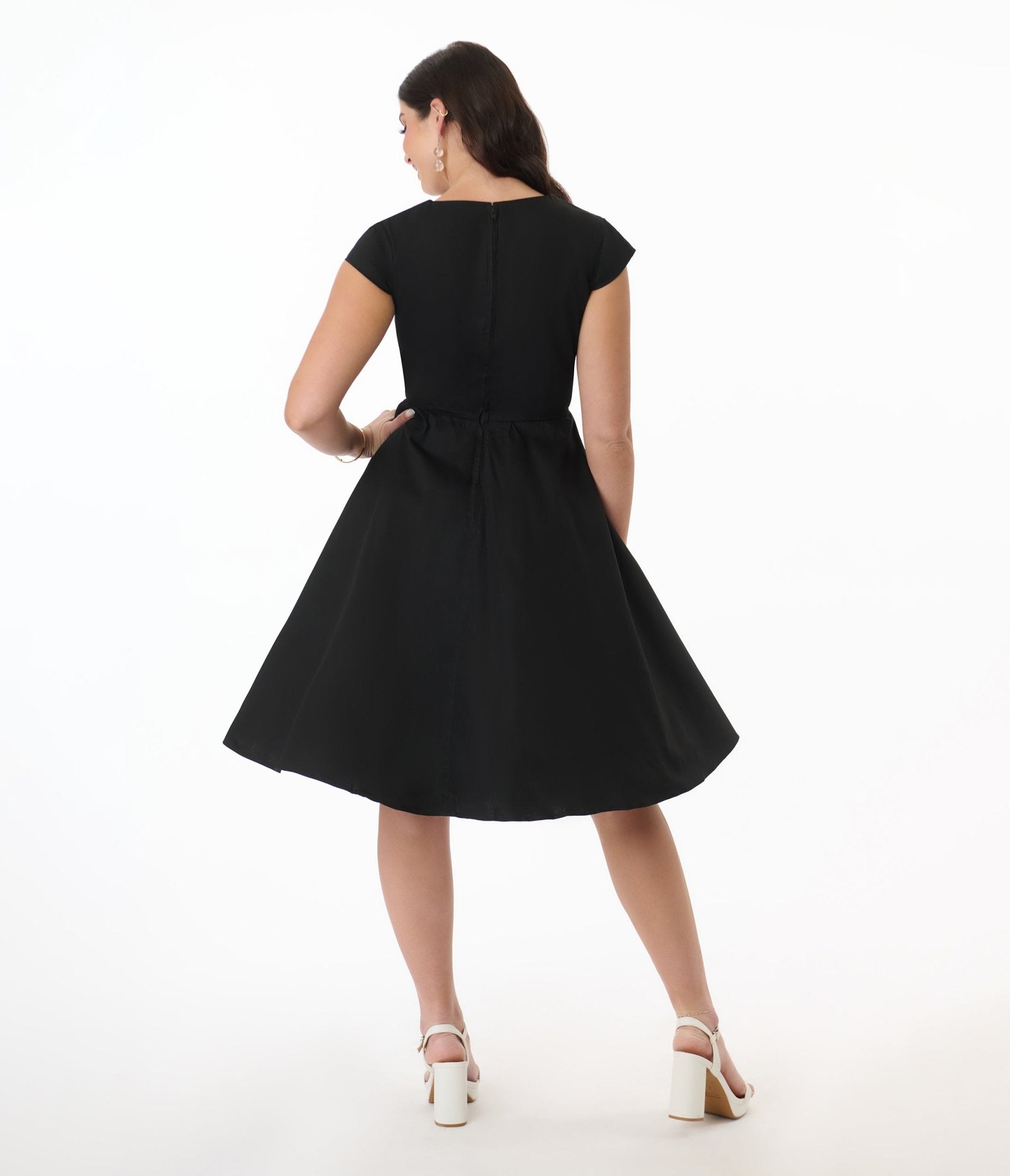 Elegant Black & White Bow Swing Dress for Women - Floral Orchid Print A-Line Dress for Party, Wedding & Special Occasions