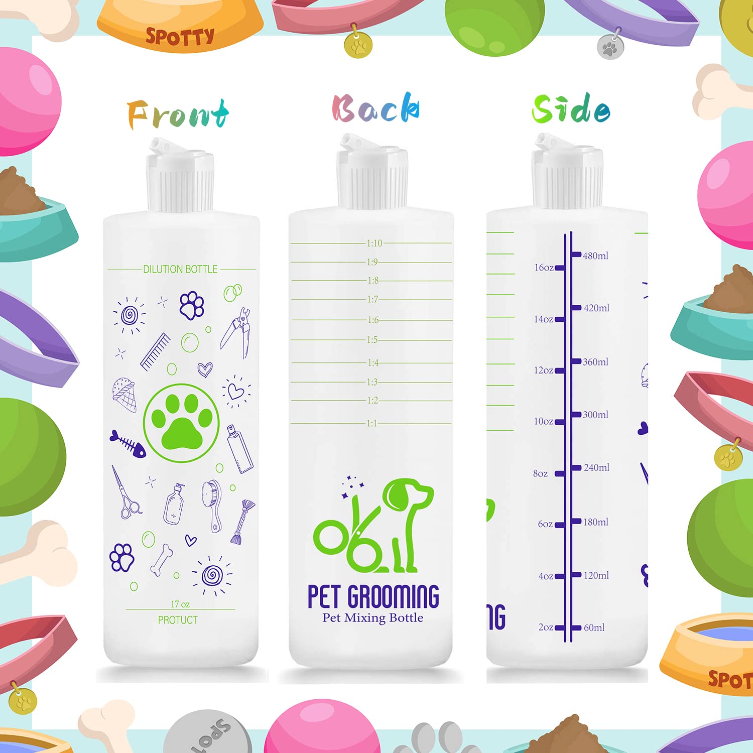 4 Pack Pet Shampoo Dilution Bottles - Mixing Bottles for Concentrated Dog Shampoo & Conditioner - Perfect for Dog Grooming, Bathing & Professional Pet Care - Essential for Home & Salon Use