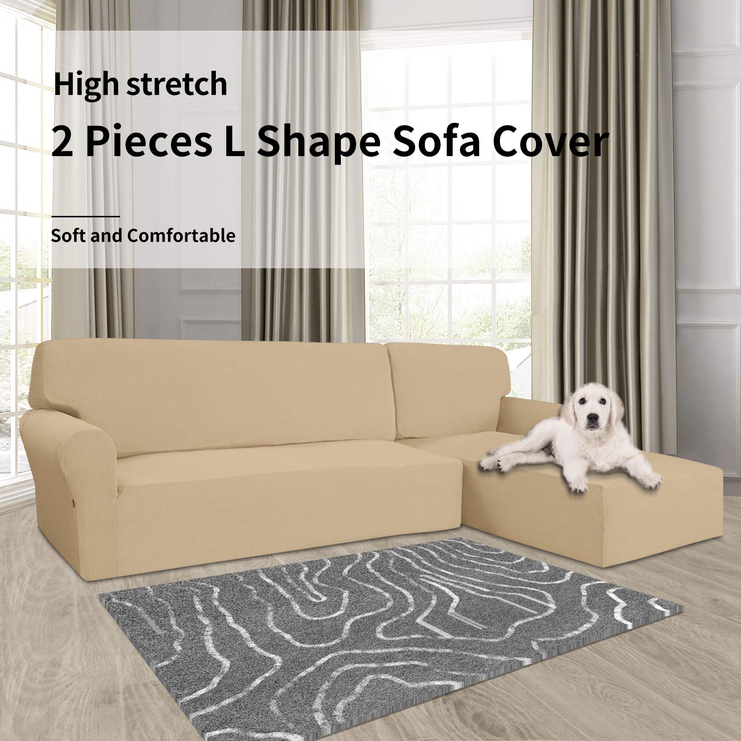 Stretch L-Shaped Sofa Slipcover 2-Piece Set - Jacquard Fabric Sectional Couch Cover with Elastic Bottom for Pets & Kids - Large Sand Color - Perfect for Living Room, Family Room & Pet-Friendly Homes