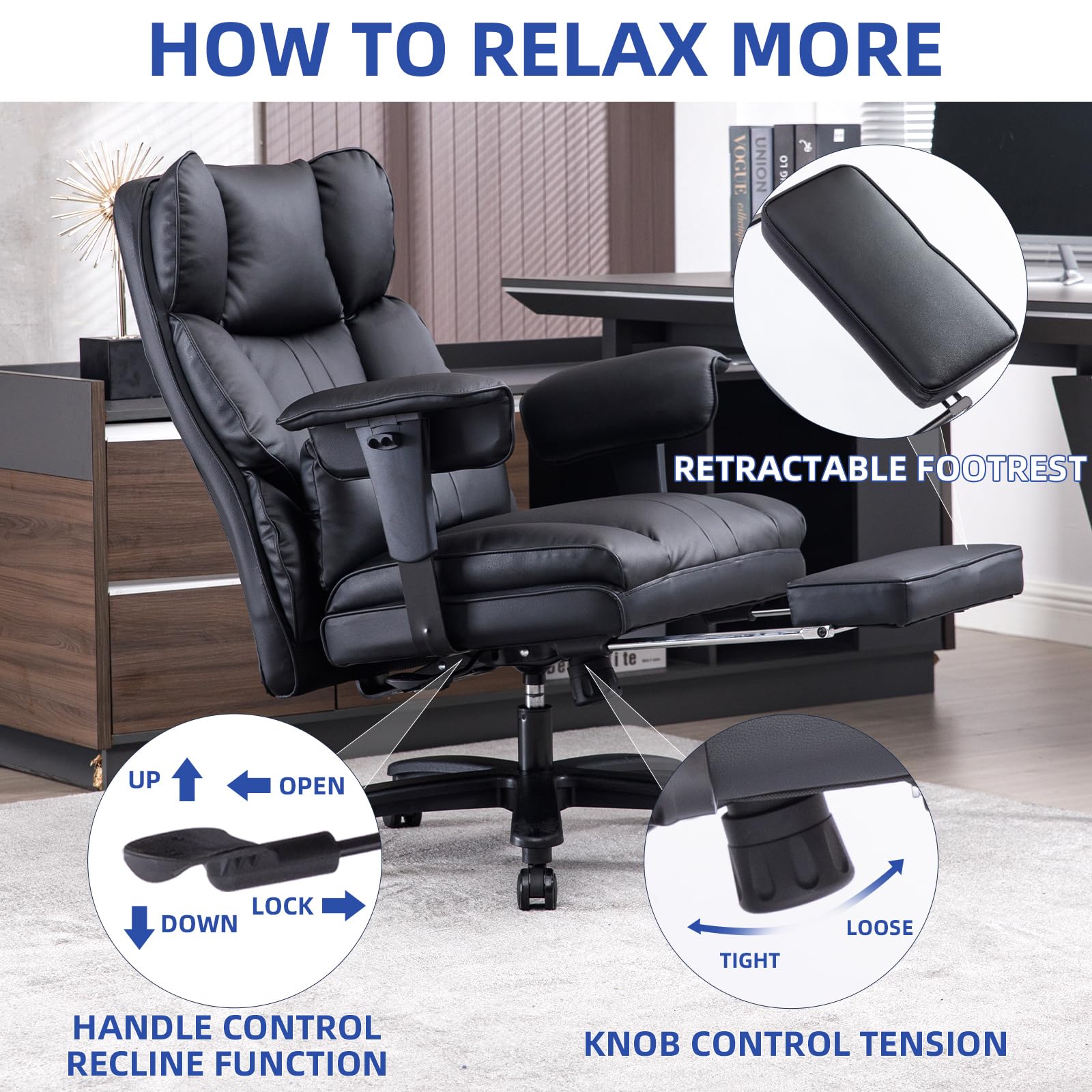 Big and Tall Office Chair for Heavy People – 500lbs Weight Capacity, Wide Seat Executive Desk Chair with High Back, Footrest & Ergonomic Lumbar Support – Premium Computer Task Chair for Home & Office (Black)