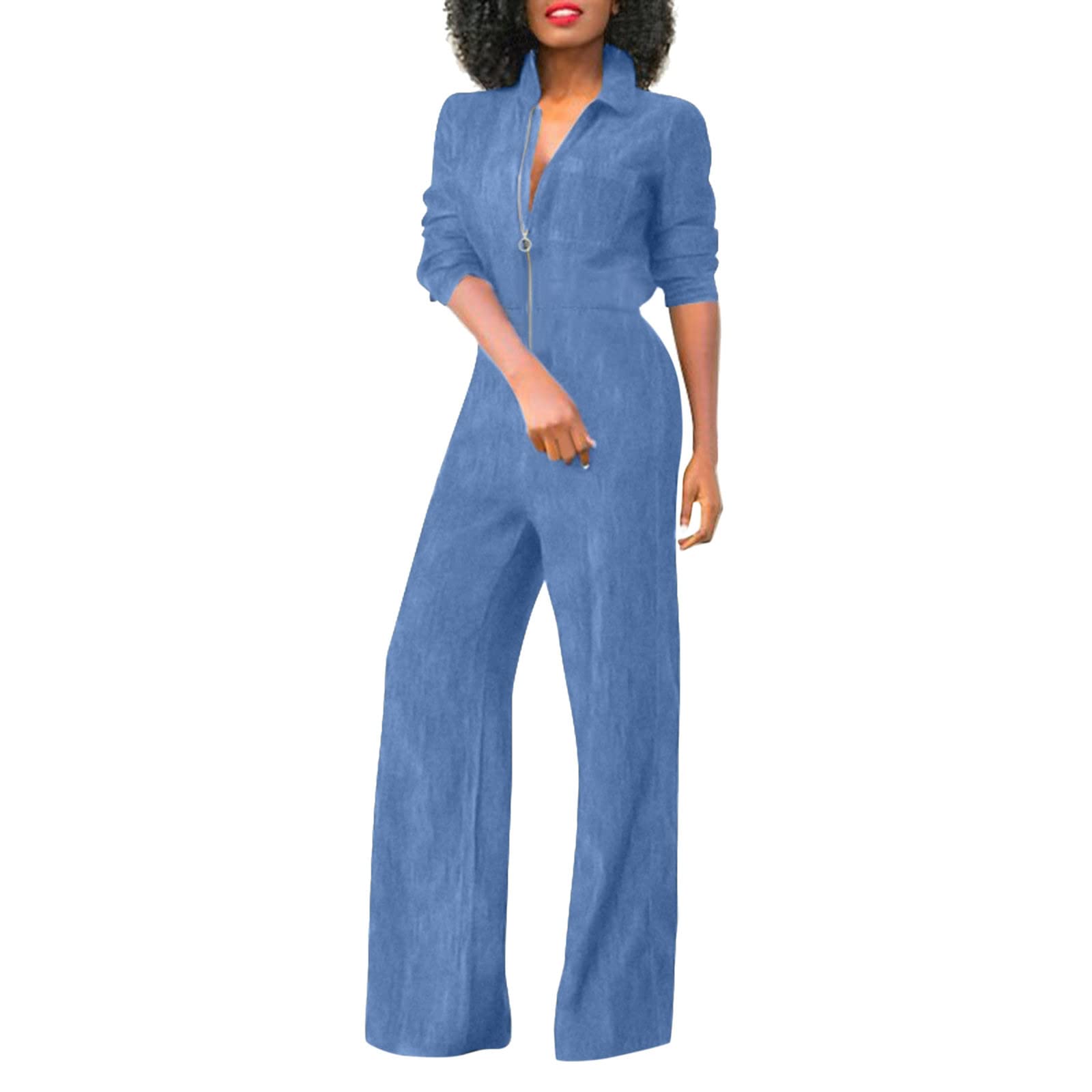 GOKKILRW Women's Sexy Long Sleeve Denim Jumpsuit - High Waisted V Neck One Piece Wide Leg Romper for Casual Outings & Night Parties | Fashionable Outfit for Dating, Club Wear and Street Style