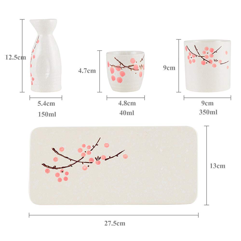 Premium Japanese Sake Set - 7 Piece Ceramic Sake Serving Kit with 1 Bottle, 4 Cups, Warmer Pot & Tray - Pink Blossom Design for Home Entertaining, Gift Giving & Traditional Tea Ceremonies