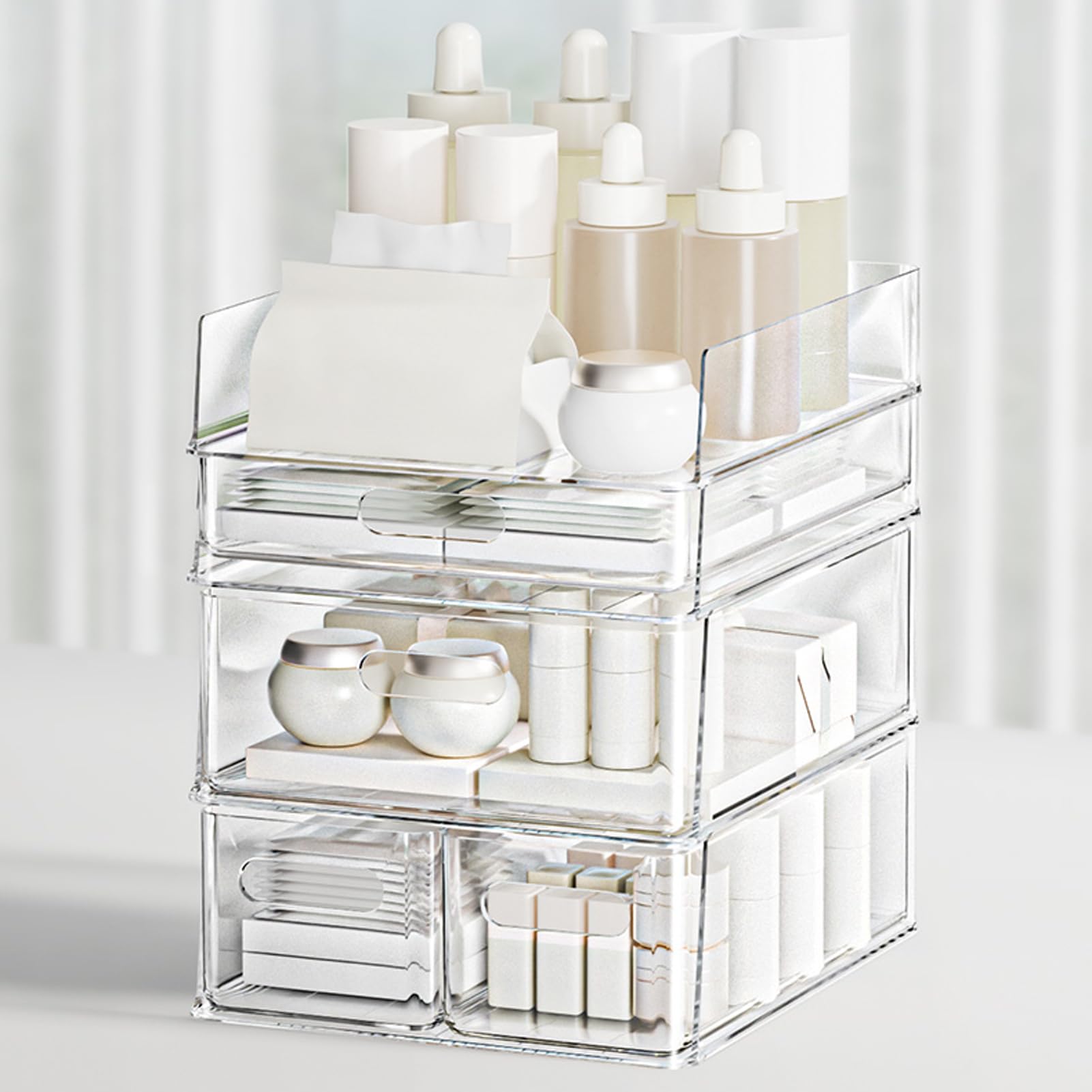 2 Pack Clear Acrylic Desk Organizer with Drawer - Stackable Office File Storage for Documents, Makeup & Art Supplies - Perfect for Home Office, School & Beauty Vanity Organization