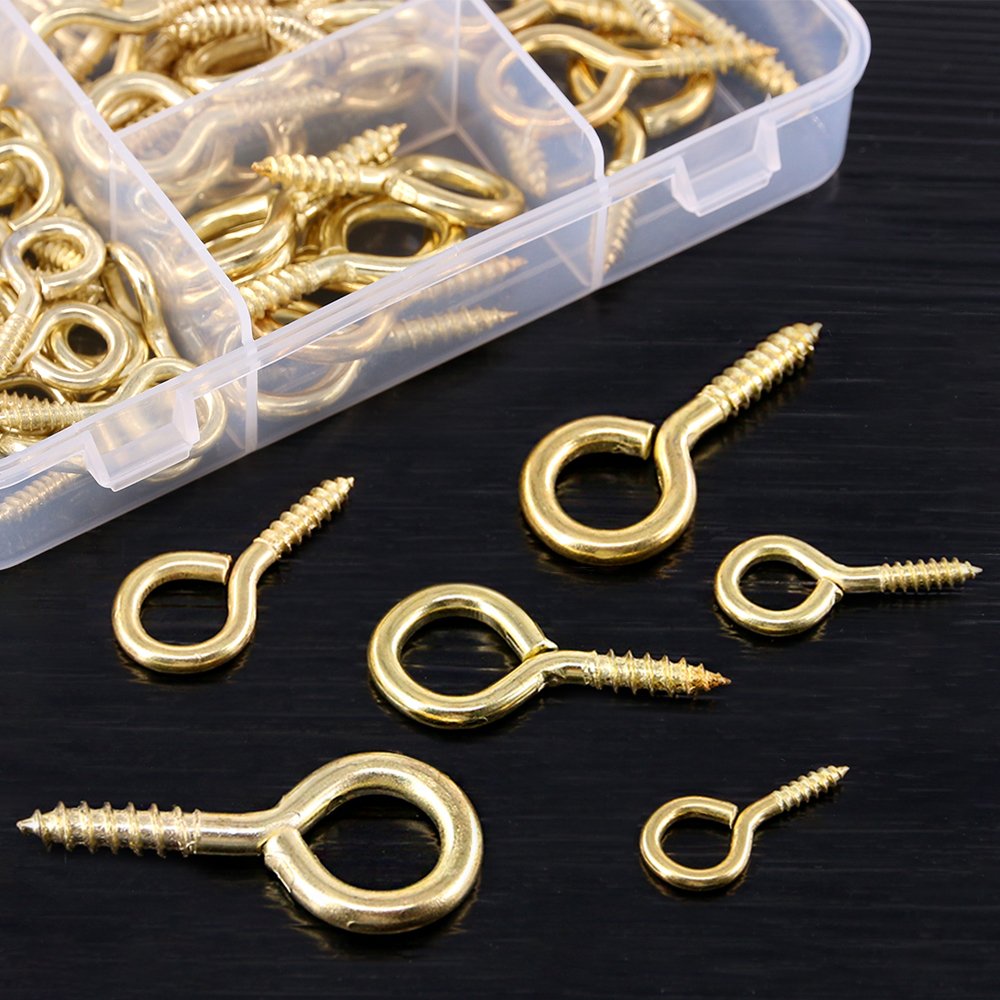 120Pcs Gold Screw Eye Hooks Kit - 6 Sizes Metal Self-Tapping Screws for Home & Office Use