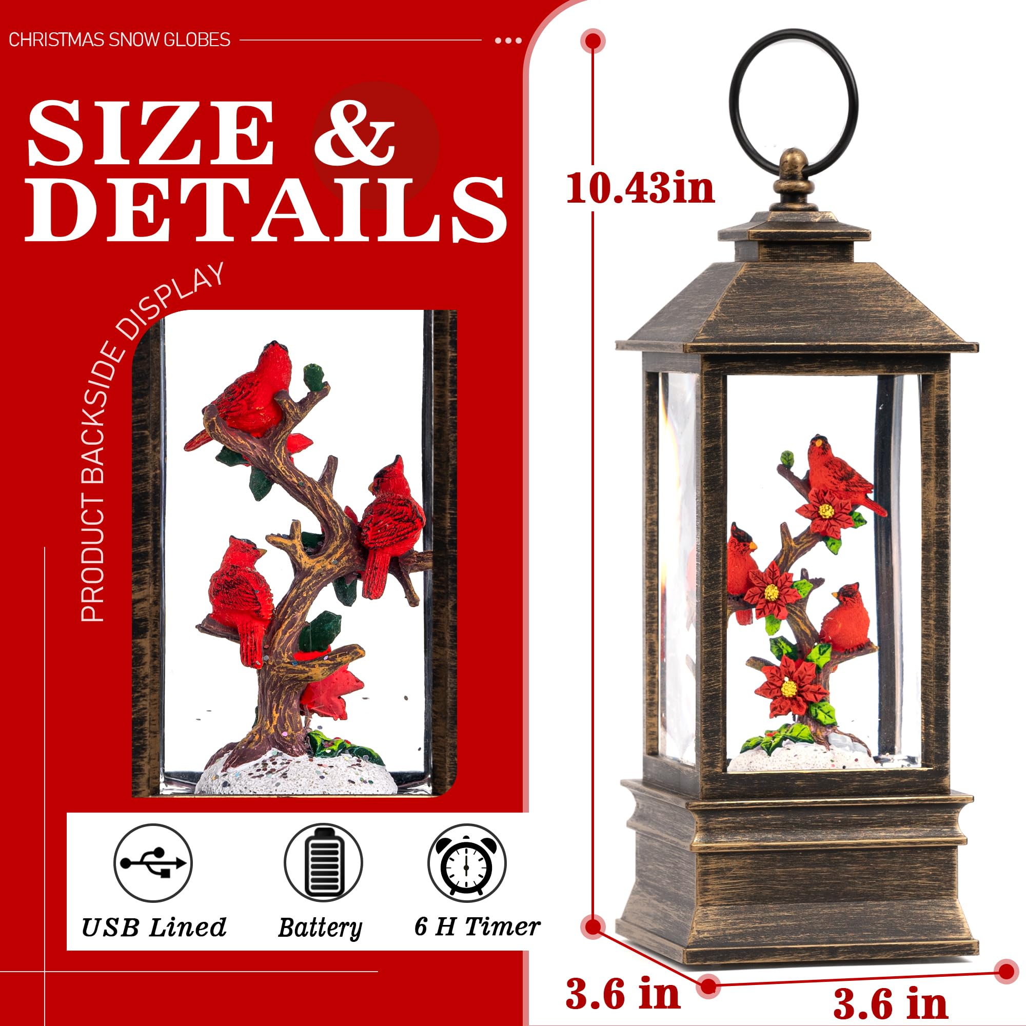 Christmas Snow Globe Lantern with Cardinal - Musical 6H Timer USB/Battery Operated Lighted Decor for Home, Holiday & Festival - Perfect for Christmas Tree Decorations, Gift Giving & Winter Home Accents