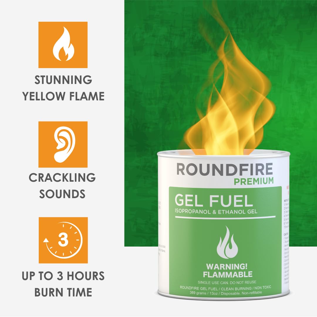 24 Pack Roundfire Gel Fuel Cans for Fire Bowls, Fireplaces & Tabletop Fire Pits - Indoor/Outdoor Use for Patio, Deck, Backyard & Camping Warmth