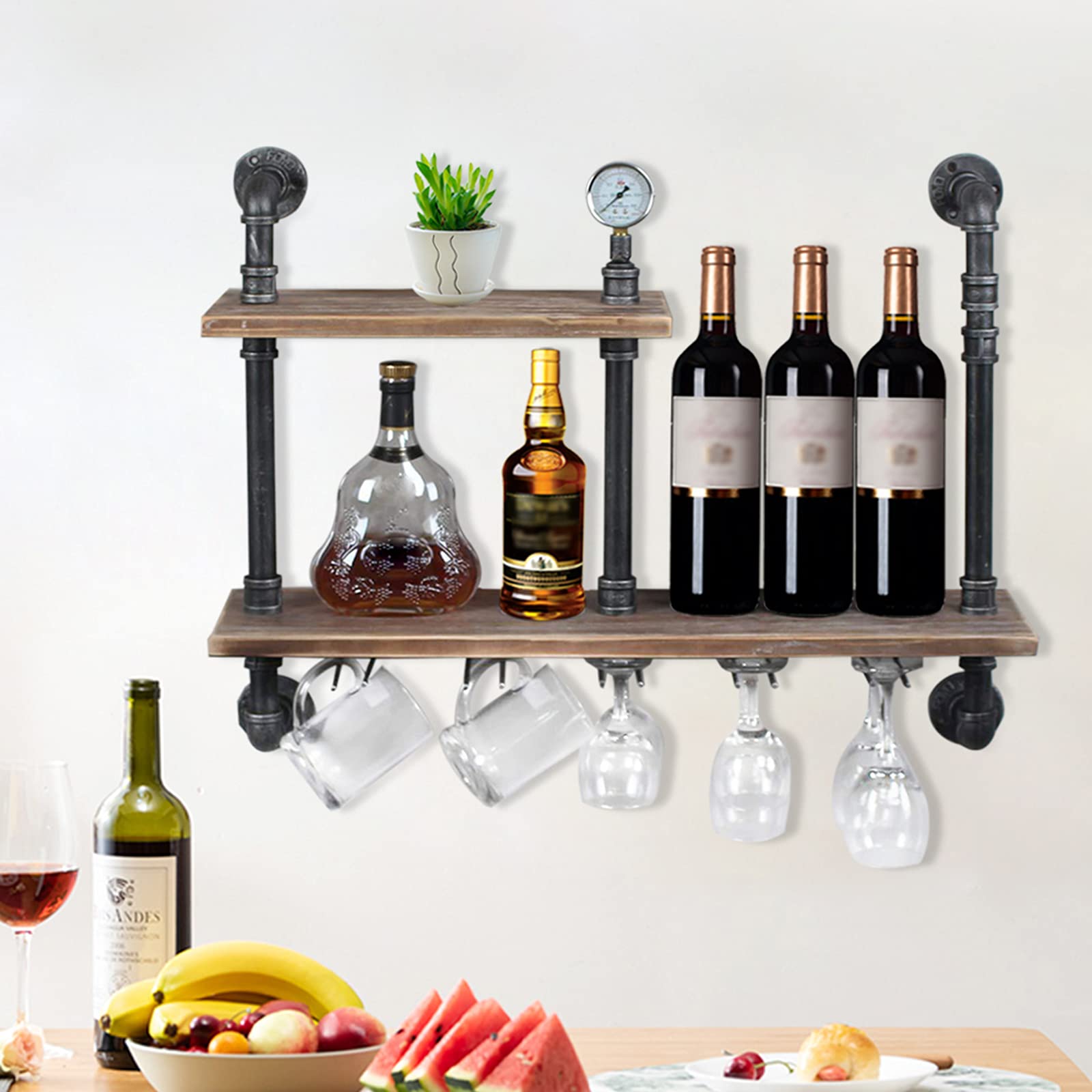 Industrial Pipe Wine Glass Rack - 28 Inch Rustic Wall Mounted Wine Bottle Holder with Wood Shelves | Steampunk Farmhouse Decor for Kitchen, Bar & Dining Room | Perfect Gift for Wine Lovers & Home Entertaining