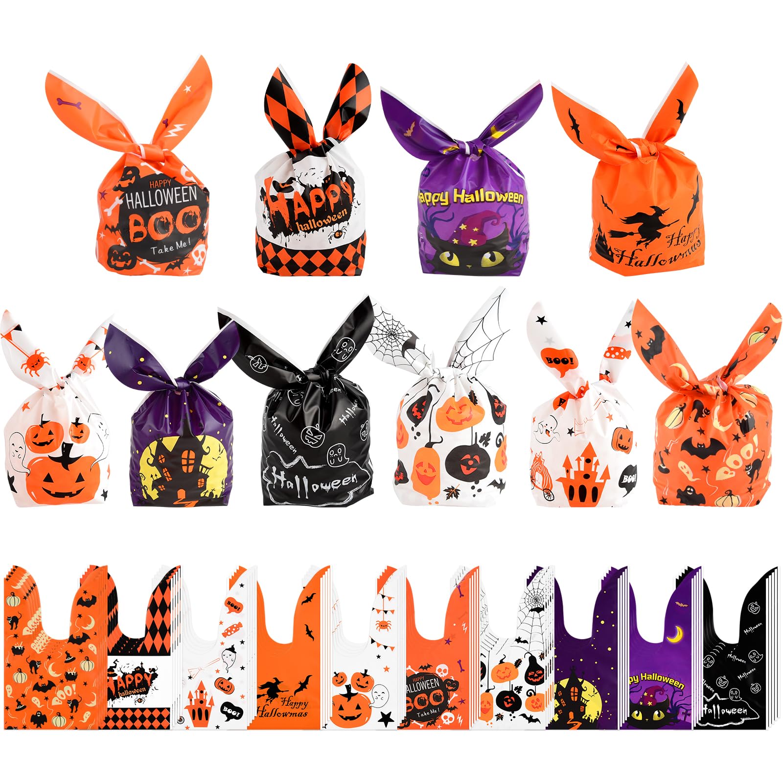 100 Pcs Halloween Candy Bags with Rabbit Ears - Pastry, Cake & Cookie Packaging - Multicolor Party Favors for Halloween Celebrations, Trick or Treat & Gift Giving