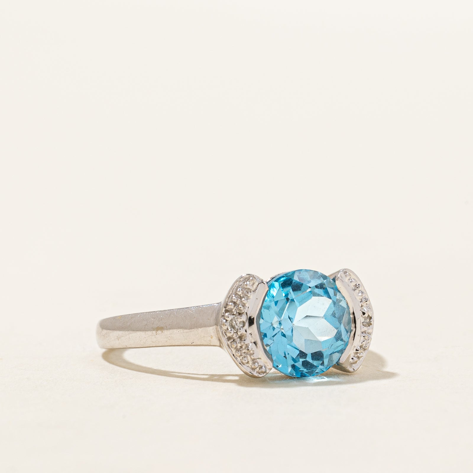 Blue Topaz and Diamond Semi Bezel Ring - 2.00ct Natural Blue Topaz with 0.02ctw Diamonds - Size 7 - Elegant Jewelry for Women - Perfect for Engagement, Anniversary, and Special Occasions