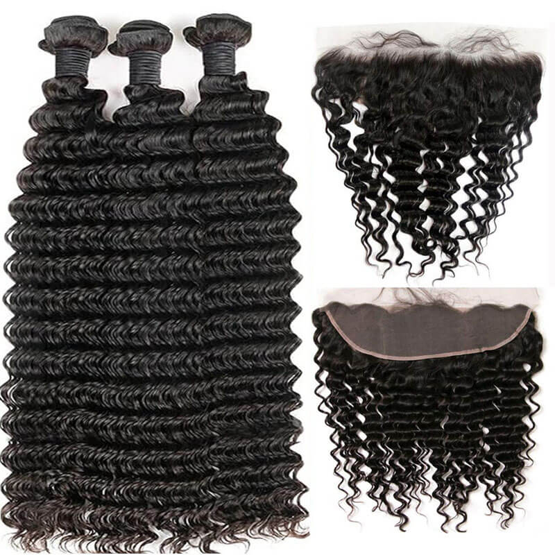 Eullair Deep Wave Bundles with Closure 3/4 PCS - 4x4 5x5 6x5 HD Lace Closure Human Hair Weave - Perfect for Natural Hairstyles, Sew-Ins & Protective Styling
