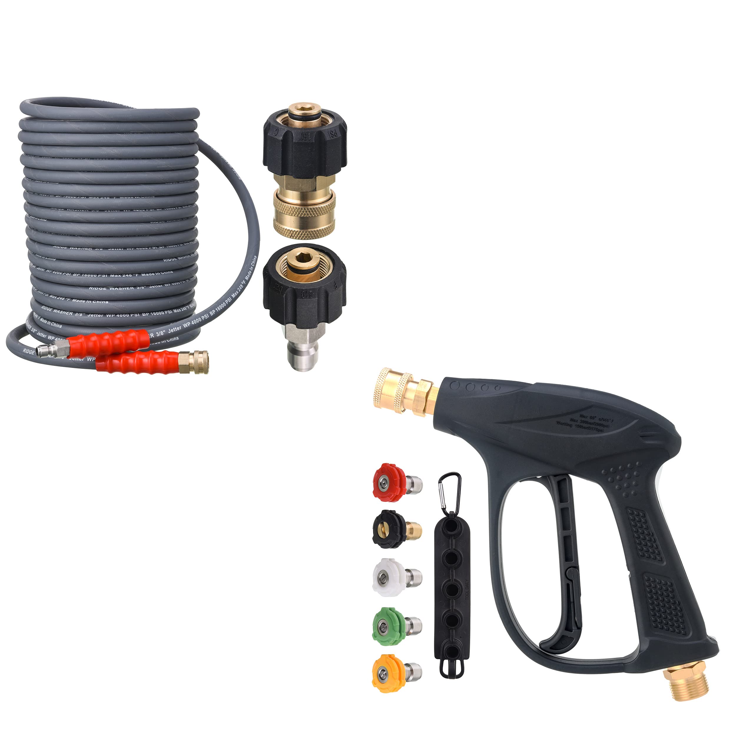 RIDGE WASHER 50ft 3/8 Inch High Pressure Washer Hose for Hot & Cold Water - Heavy Duty Pressure Washer Gun for Driveway, Deck, Patio & Car Washing