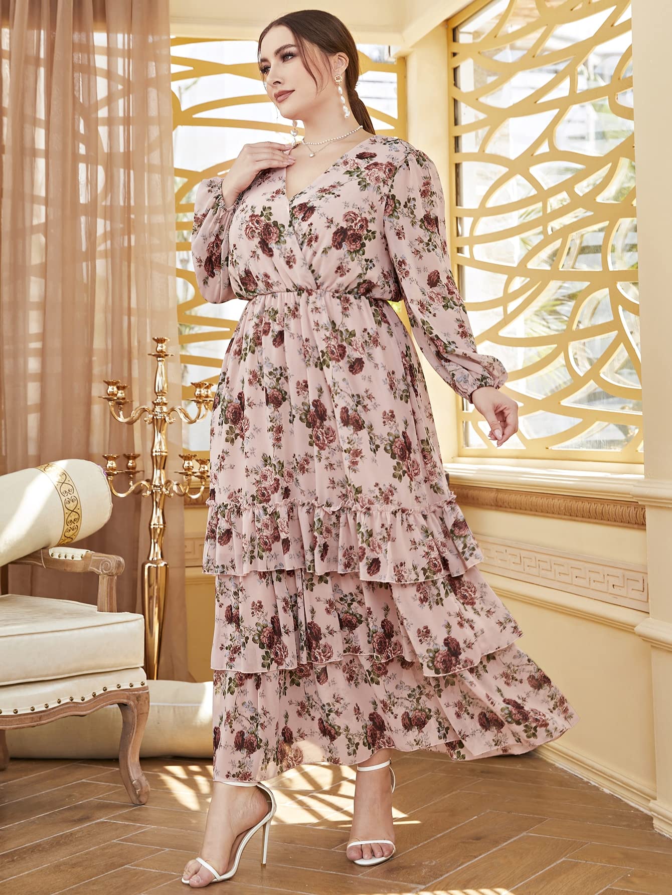 Plus Size Floral Print Wrap V-Neck Maxi Dress for Women - X-Large Pink Flared Long Dress with Lantern Sleeves & Overlap Collar | Perfect for Summer Vacations, Beach Weddings & Boho Fashion Outfits