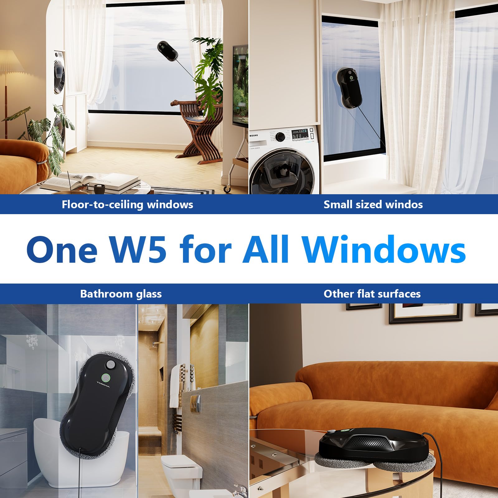 Tosima W5 Smart Window Cleaning Robot - Auto-Spray, Triple Safety System, Smart Navigation, Remote Control for Glass & Smooth Surfaces | Includes 8 Cleaning Pads (Black) | Perfect for High-Rise Windows, Skylights & Hard-to-Reach Glass Surfaces