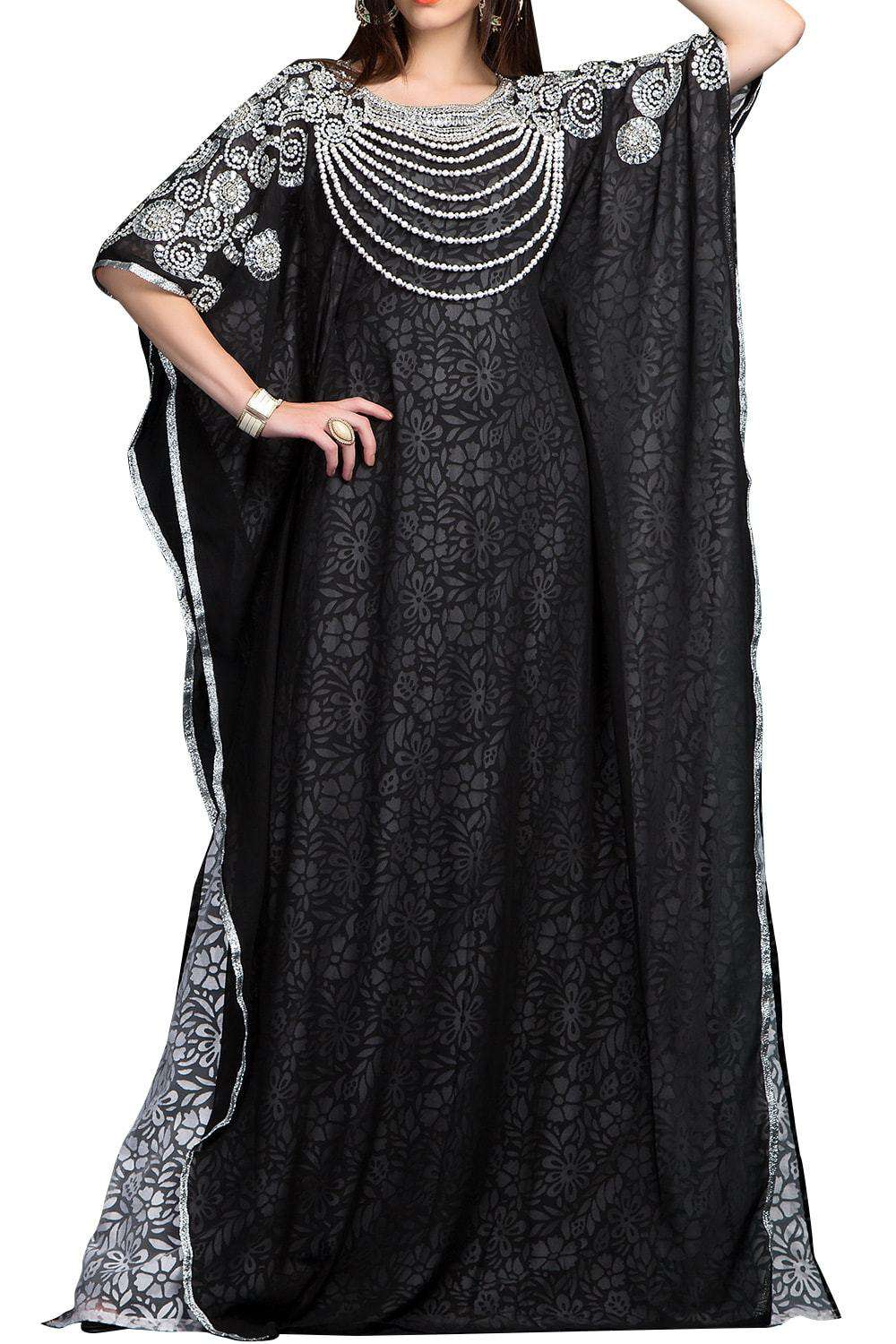 Elegant Black and White Georgette Kaftan Dress - Flowy Long Sleeve Maxi Cover Up for Beach, Vacation & Boho Chic Outfits