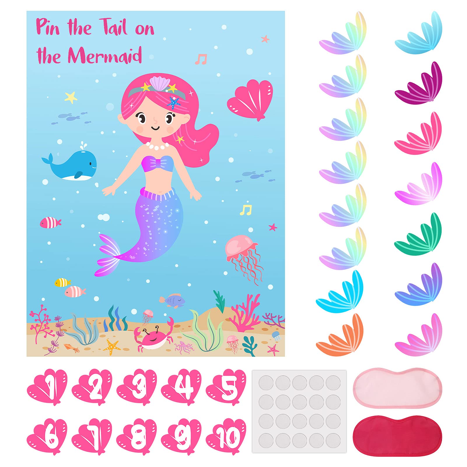 Mermaid Party Game Set - Pin the Tail on the Mermaid with 14 Tail Pieces & 10 Shell Stickers | Fun Kids Birthday Party Activity | Perfect for Underwater Themed Events and Ocean Birthday Decorations