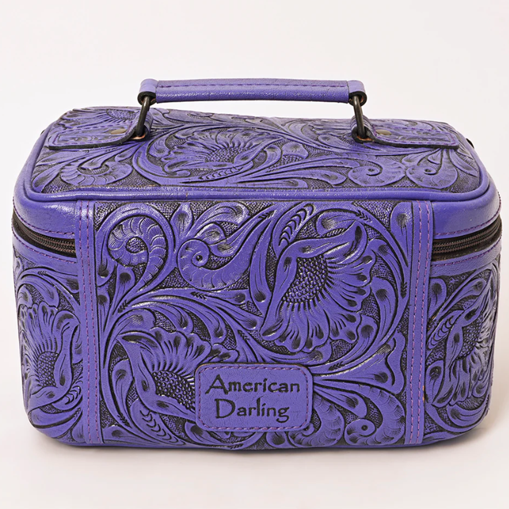 American Darling Purple Tooled Leather Makeup Tote Bag - Stylish & Durable Cosmetic Organizer for Travel, Work & Everyday Use