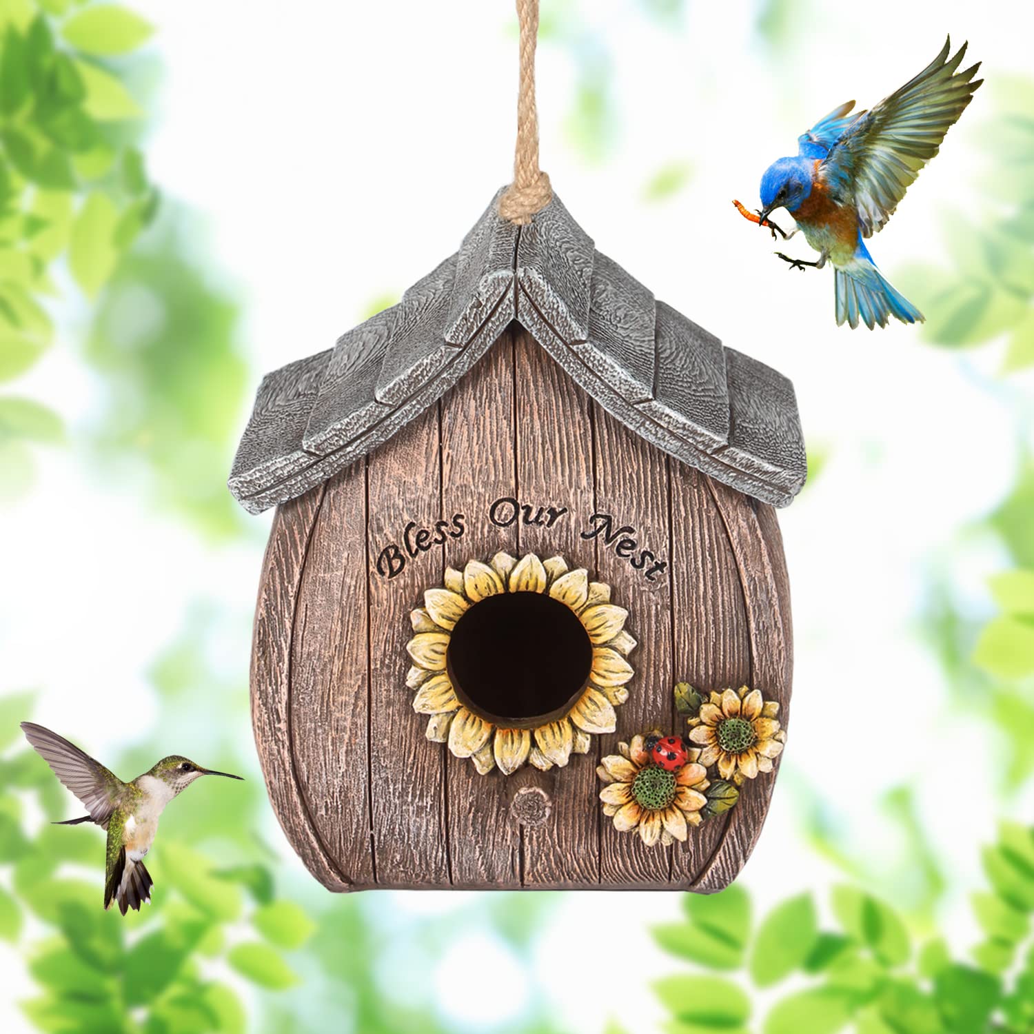 Tenforie Outdoor Bird House - Handcrafted Wooden Bluebird Nesting Box, Hanging Natural Bird Shelter for Garden, Yard & Backyard - Perfect for Wild Birds to Rest & Nest