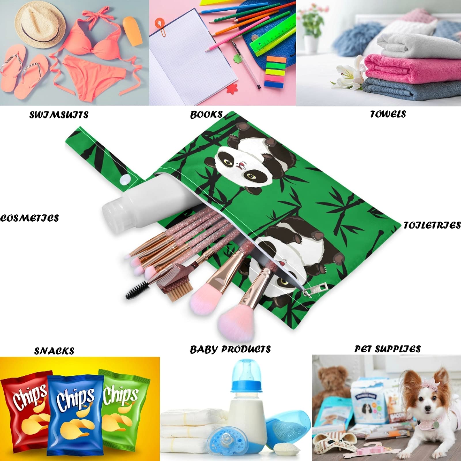 Visesunny Cute Panda Animal 2Pcs Wet Bag with Zippered Pockets - Washable & Reusable Travel Wet Bag for Swimsuits, Gym Clothes, Diapers - Perfect for Beach, Pool, Daycare, Stroller & Toiletries Storage