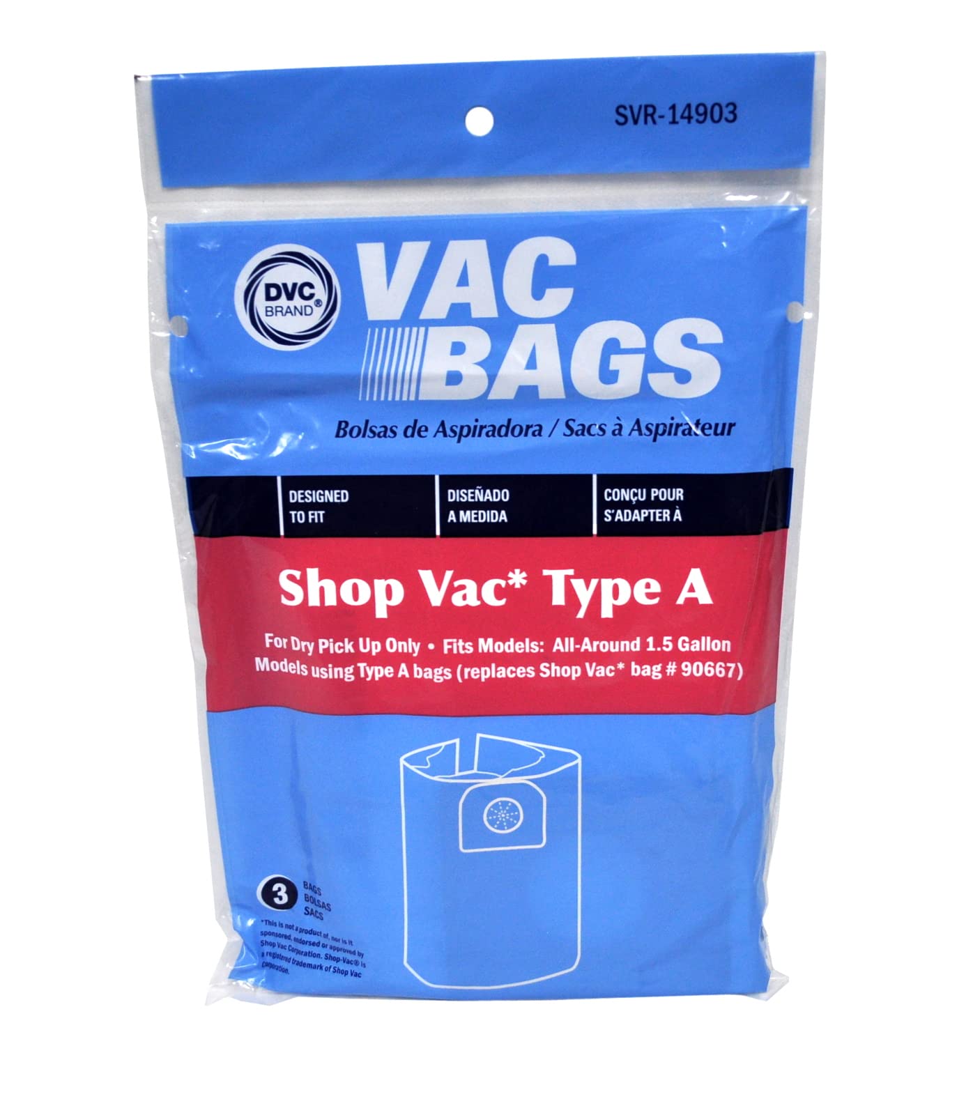 DVC Vacuum Bags for Shop Vac - 1.5 Gallon All-Purpose Vacuum Bags (3 Pack) - Replacement for Type A/90667 - Ideal for Home Cleaning, Workshop, and Car Detailing