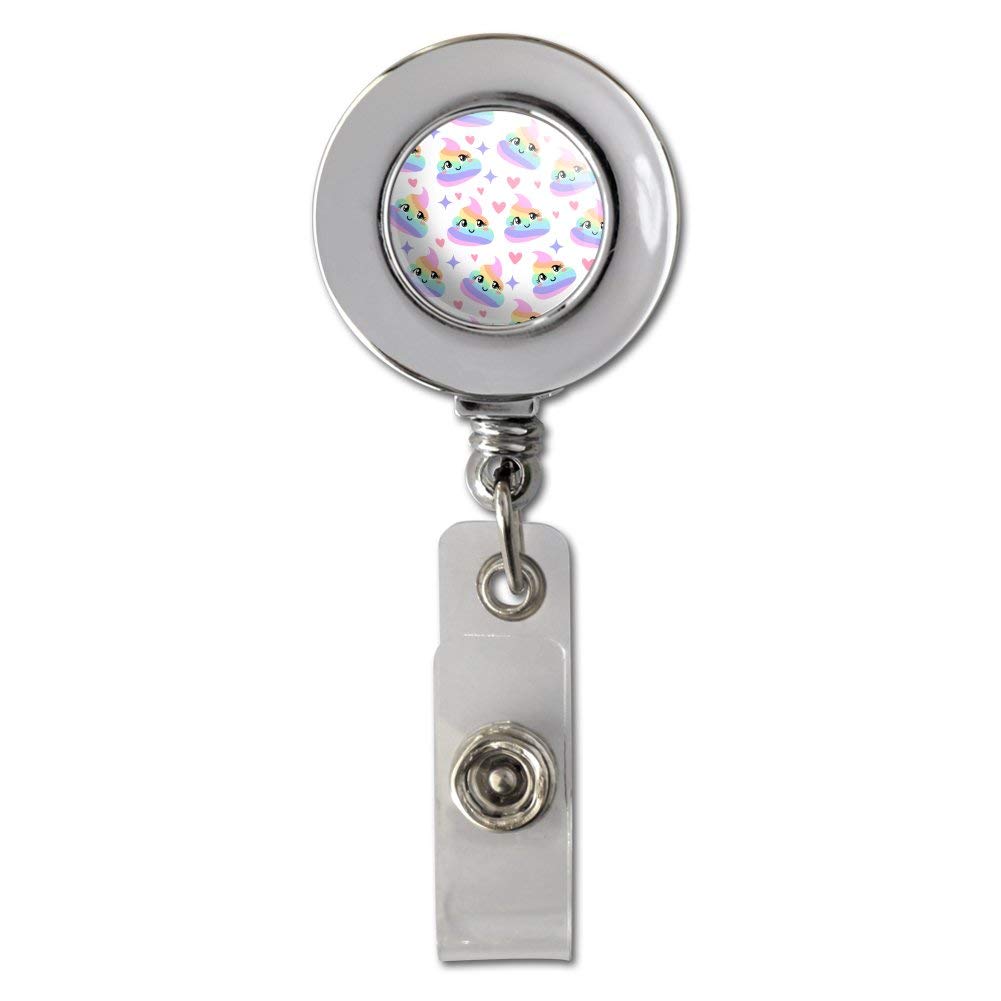 Funny Rainbow Poop Design Retractable ID Badge Holder - Chrome Metal Reel Clip for Office, School, Events & Security Personnel