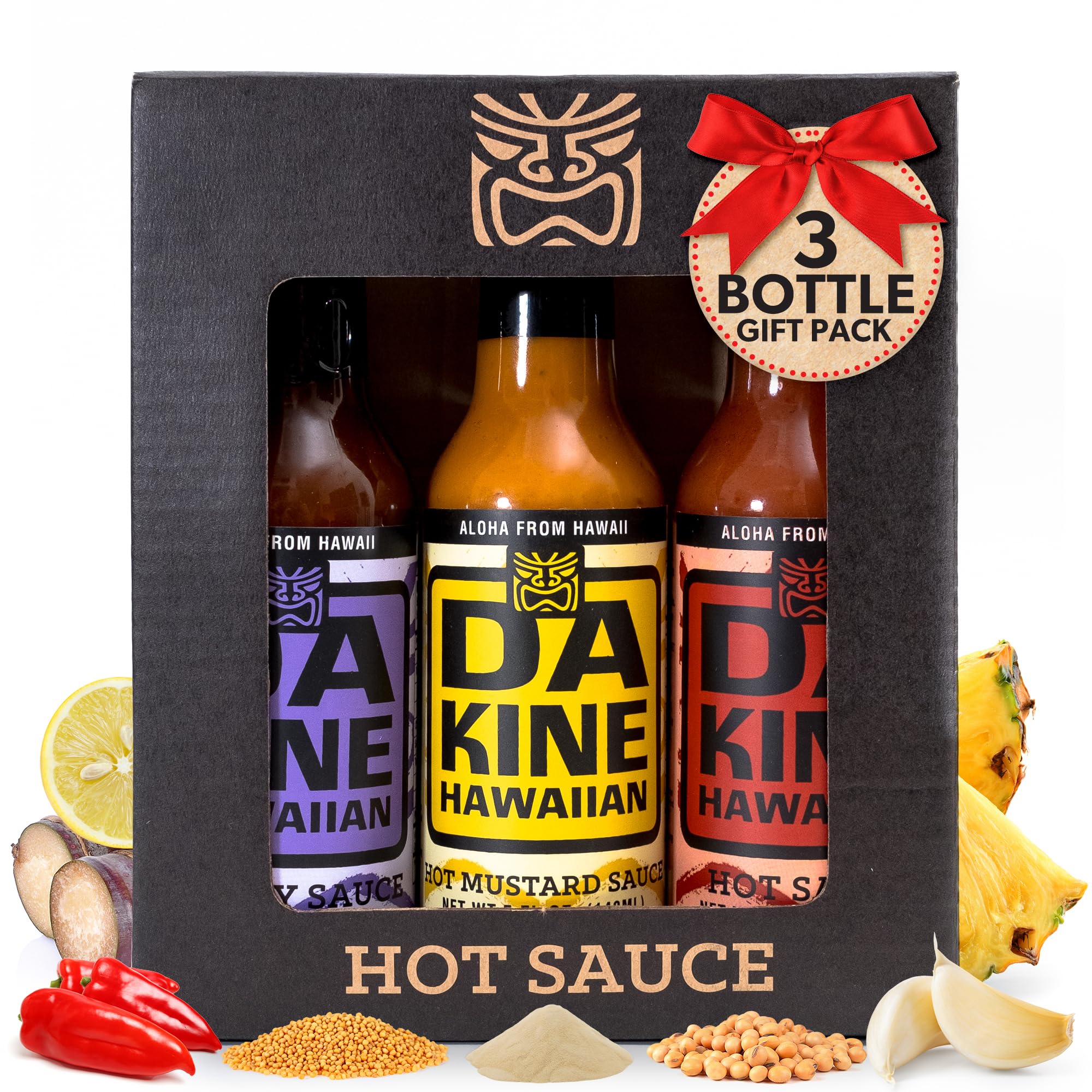Da Kine Hawaiian Hot Sauce Sampler Set of 3 - Hot Soy, Mustard & Classic Flavors - Pineapple Juice Infused for Meat Tenderizing - Perfect for Marinades, Dipping & BBQ, Grilling, Hawaiian Dishes