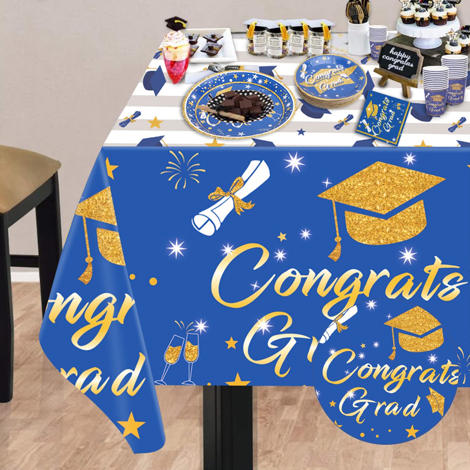 2 Pack Blue and Gold Graduation Tablecloths - 2023 Graduation Party Decorations, Congrats Grad Table Covers for Ceremony & Celebration (Perfect for Graduation Parties, Banquets & School Events)