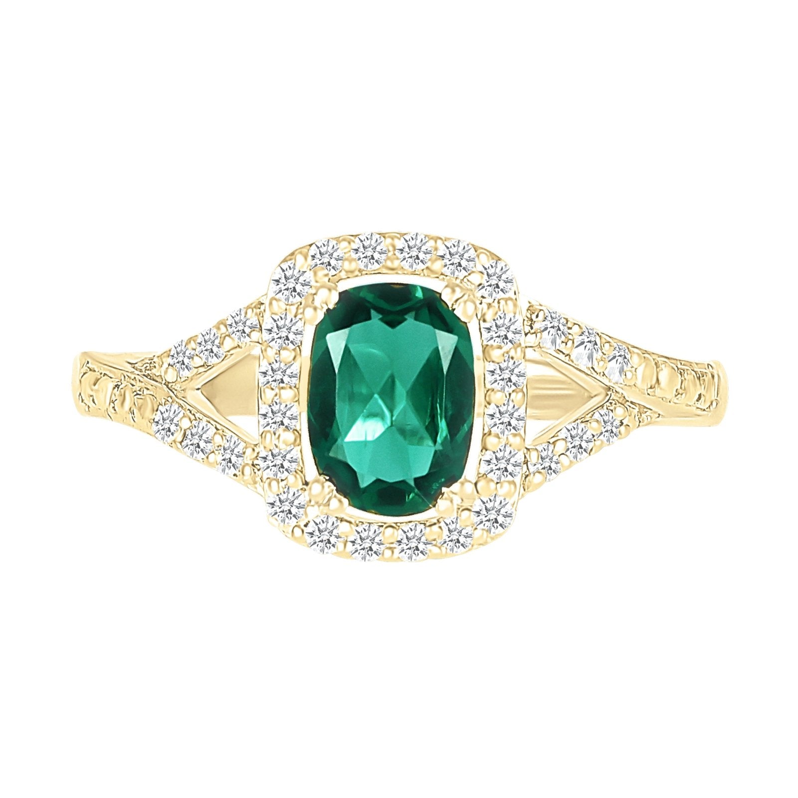 Cushion Cut Emerald Ring with White Sapphire Halo & Split Shank in 10K Yellow Gold | Elegant Engagement, Wedding, Anniversary Jewelry Gift for Her