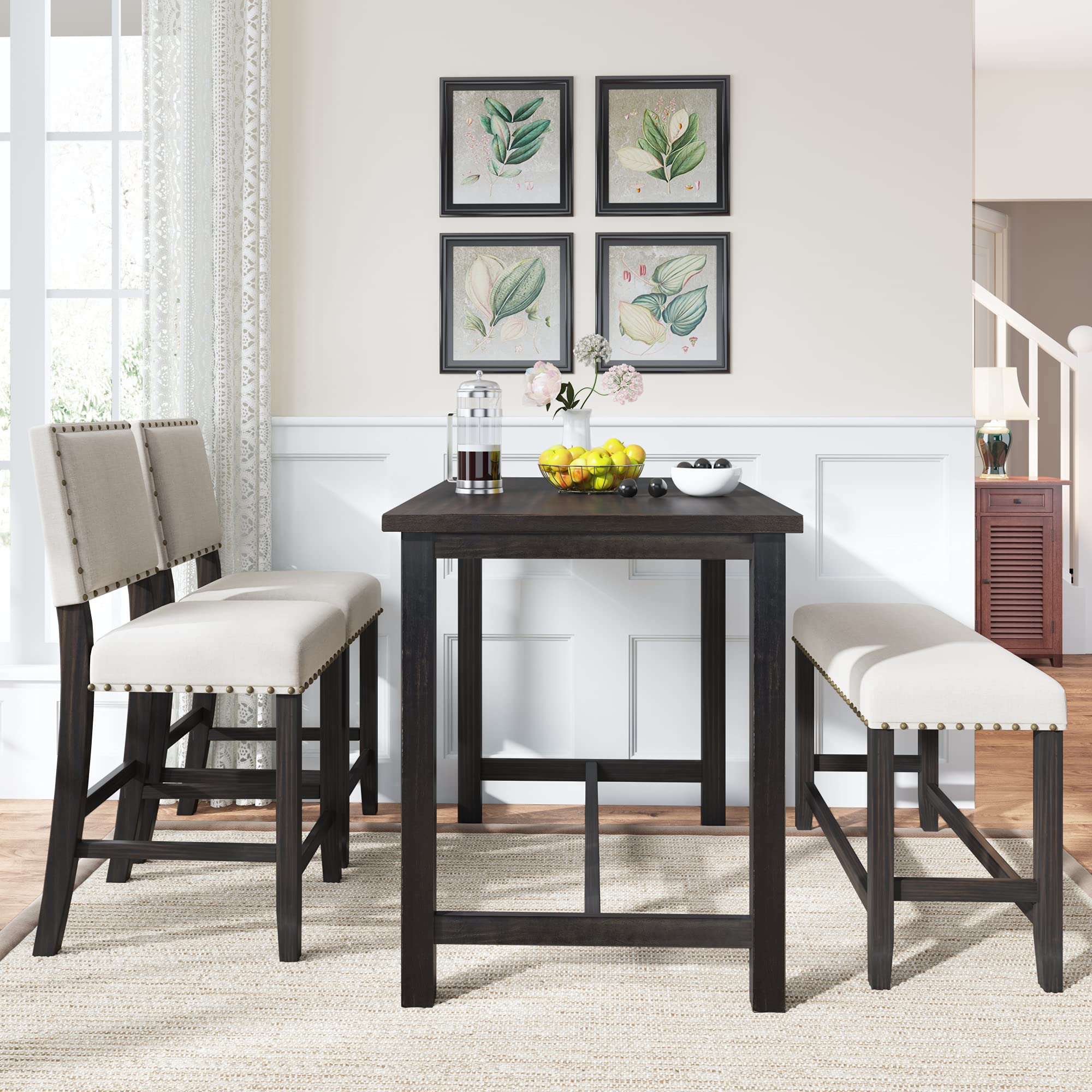 Rustic Quarte Wooden Counter Height Dining Set with 2 Upholstered Chairs & 1 Bench - Beige Kitchen Table for Small Spaces, Breakfast Nooks & Farmhouse Style Dining Rooms