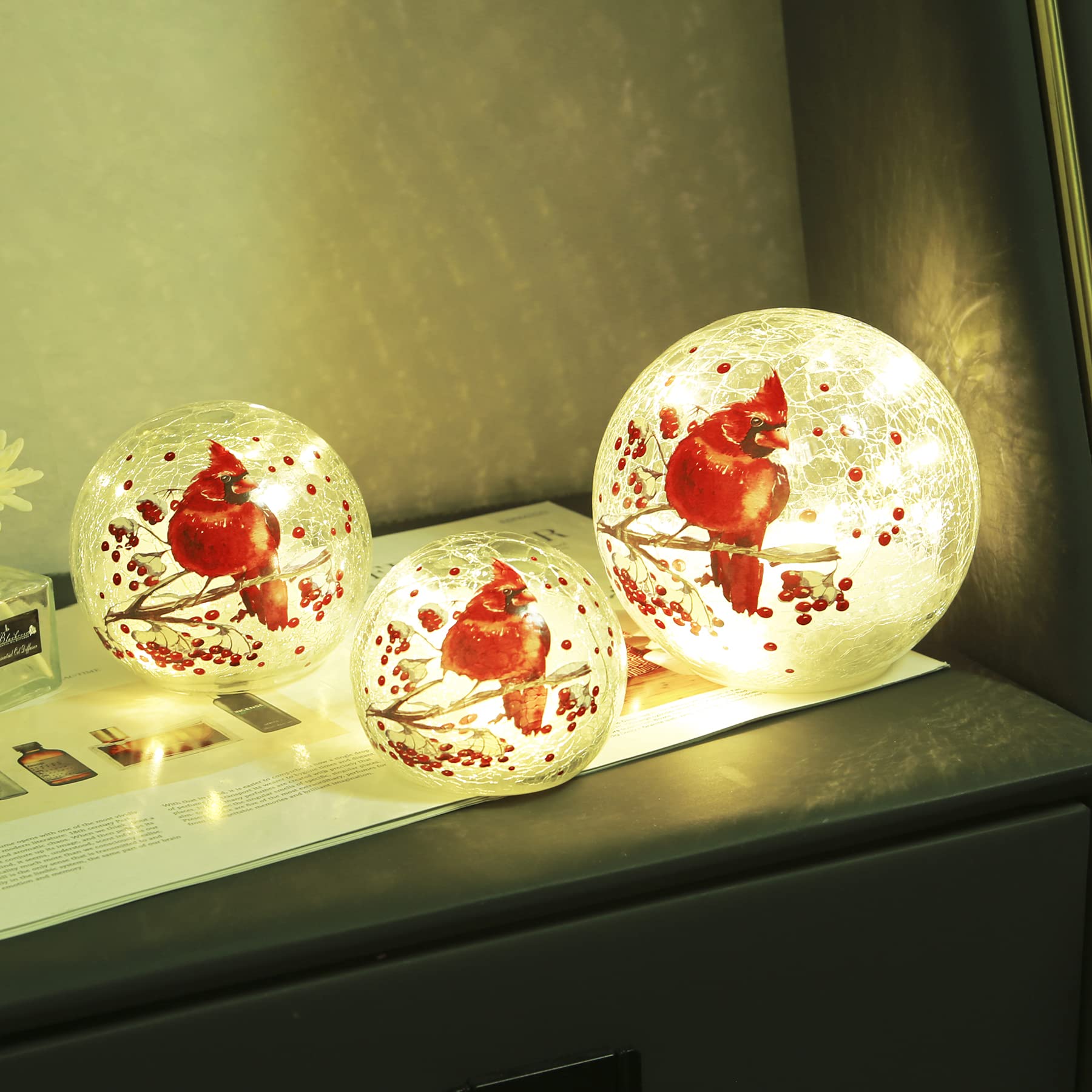 Red Cardinal Crackle Glass Ball Lamp - LED Lighted Stained Glass Table Decor for Christmas, Mother's Day Gifts - Perfect for Holiday Home Decor, Bedroom Night Light & Cozy Living Room Ambience