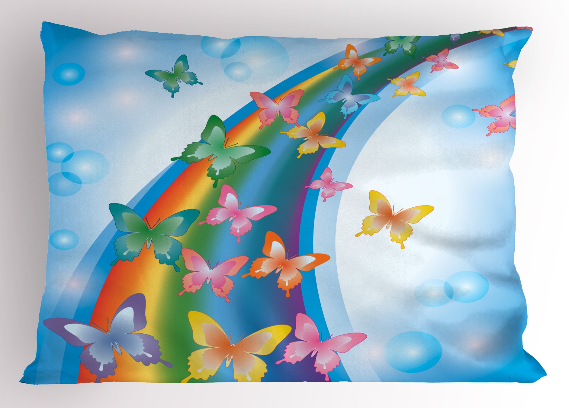 Colorful Rainbow Butterflies Bubbles Printed Pillow Sham - Cheerful Graphic Decorative Standard Queen Size Pillowcase (30