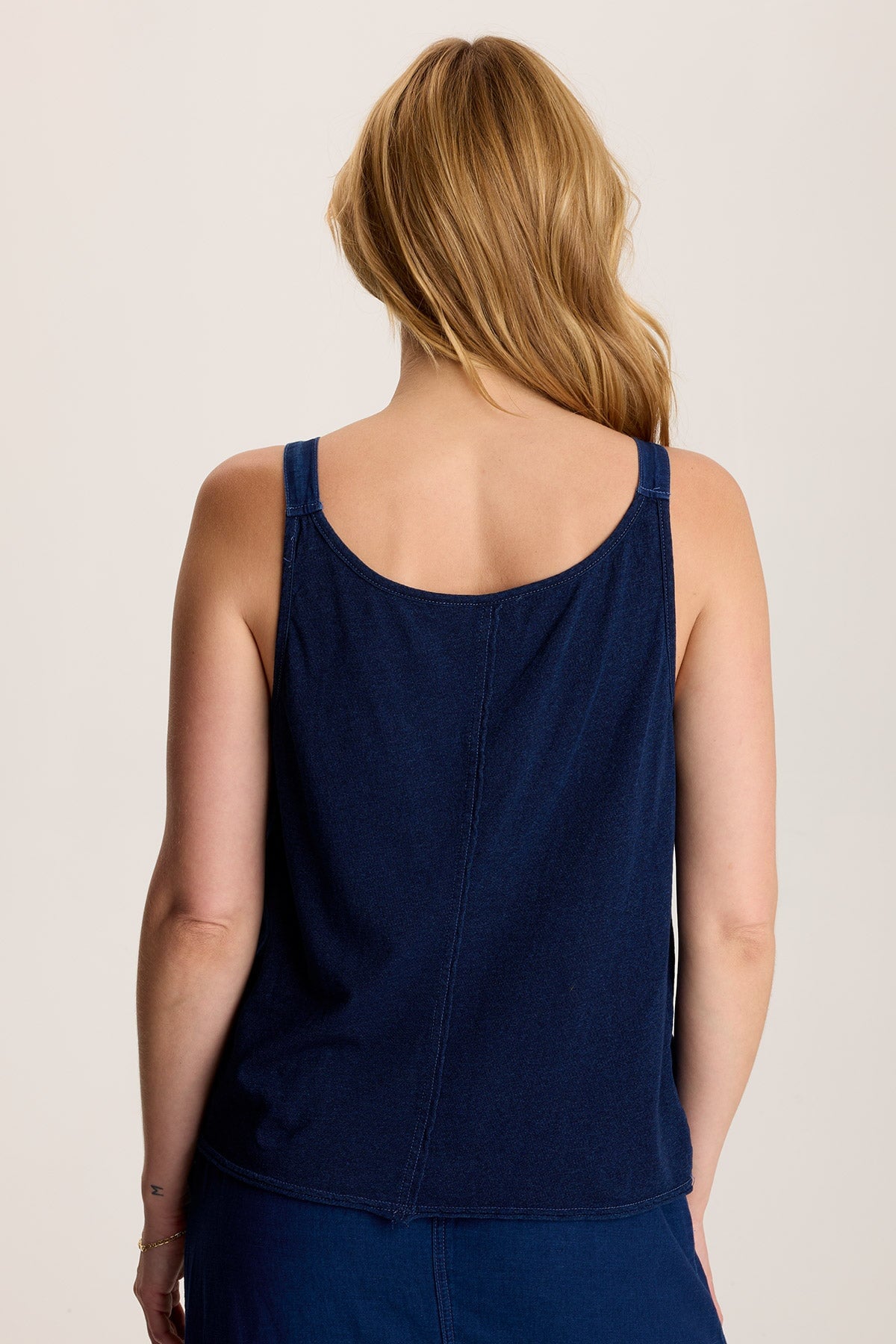 Norelle Flowy Pintuck Mock Denim Twill Tank Top for Women - Casual Summer Blouse, Perfect for Beach Outings, Brunch Dates & Layering