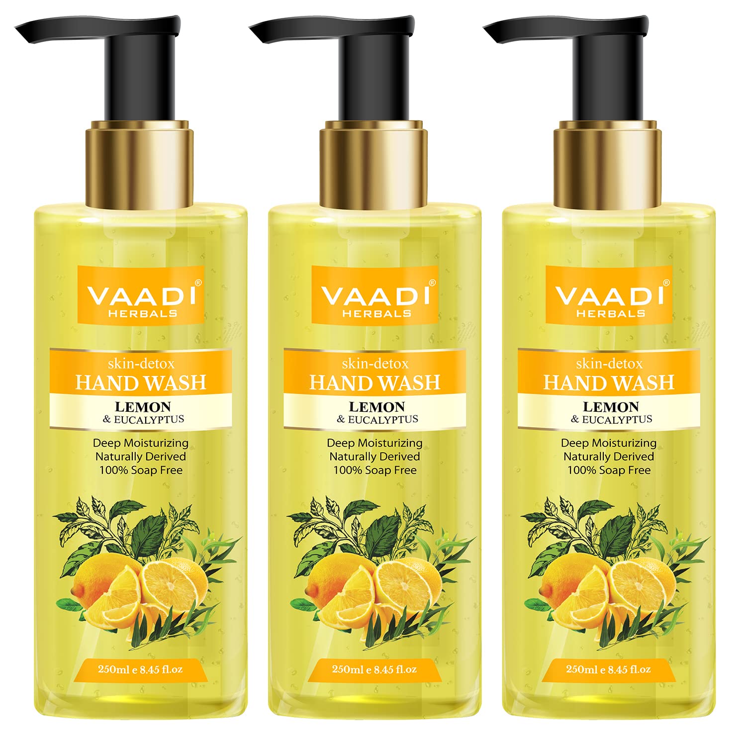 Vaadi Herbals Lemon & Eucalyptus Hand Wash - Natural Skin Detox Cleanser, 250ml (Pack of 3) - Refreshing Antibacterial Soap for Kitchen, Bathroom & Office Use