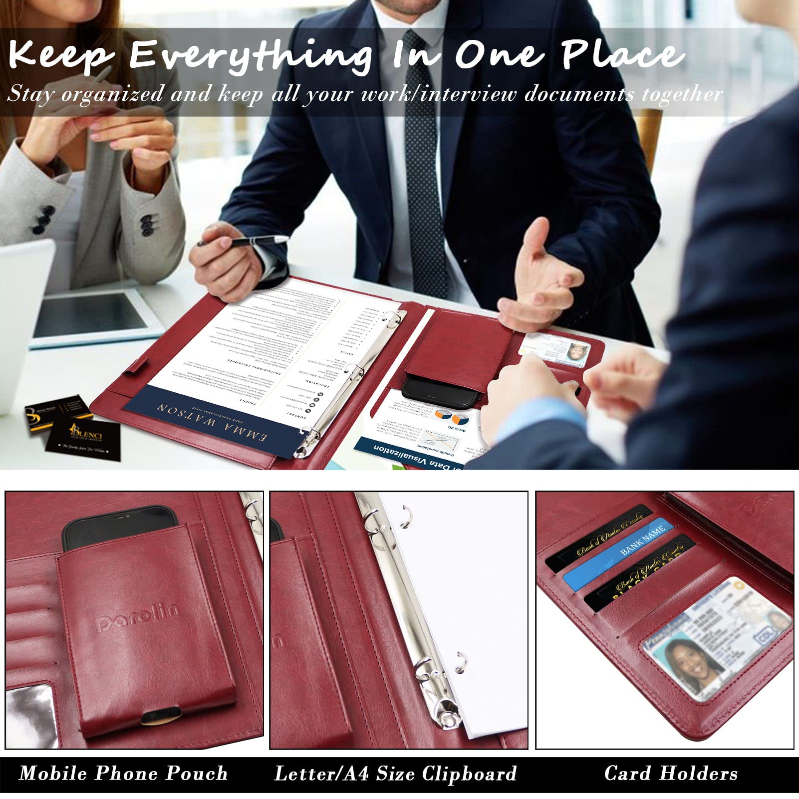 Professional Leather Portfolio Binder with 3-Ring Organizer - Business Resume Padfolio for Interviews, Conferences & Legal Documents - Perfect for Men & Women Office Professionals (RW) - Ideal for Job Interviews, Business Meetings & Corporate Presentations