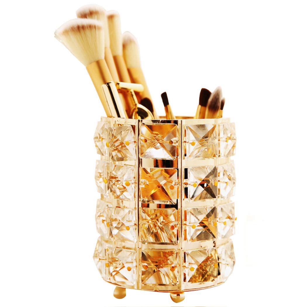 Handmade Crystal Makeup Brush Holder & Eyebrow Pencil Organizer - Gold Cosmetic Storage for Vanity, Bathroom, Office Desk | Perfect for Makeup Artists & Beauty Enthusiasts
