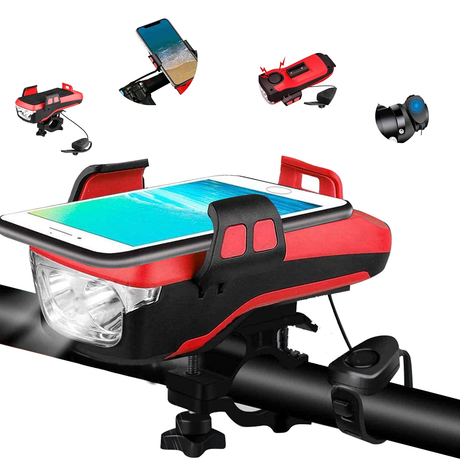 Universal Bike Phone Mount 4-in-1 - Bicycle Phone Holder with LED Headlight & Horn Bell - Compatible with iPhone & Android - (Apple, Cherry, Orange Colors) - Perfect for Cycling, Commuting & Outdoor Adventures