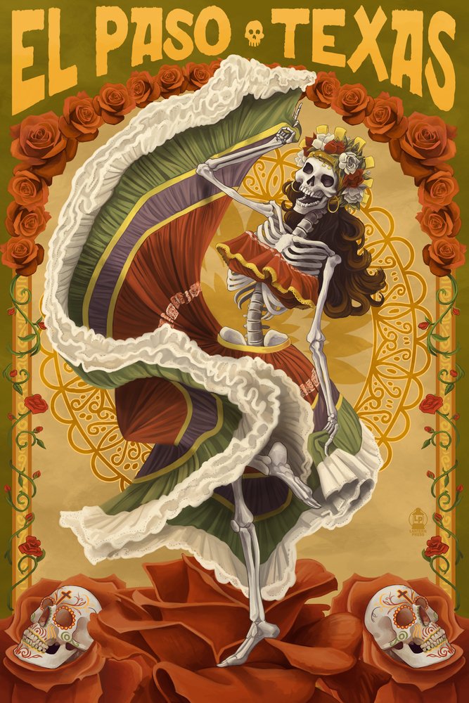 El Paso Texas Day of the Dead Dancer 44056 - Signed 24x36 Art Print Poster, Mexican Folk Art Wall Decor for Home, Office & Dia de los Muertos Celebrations