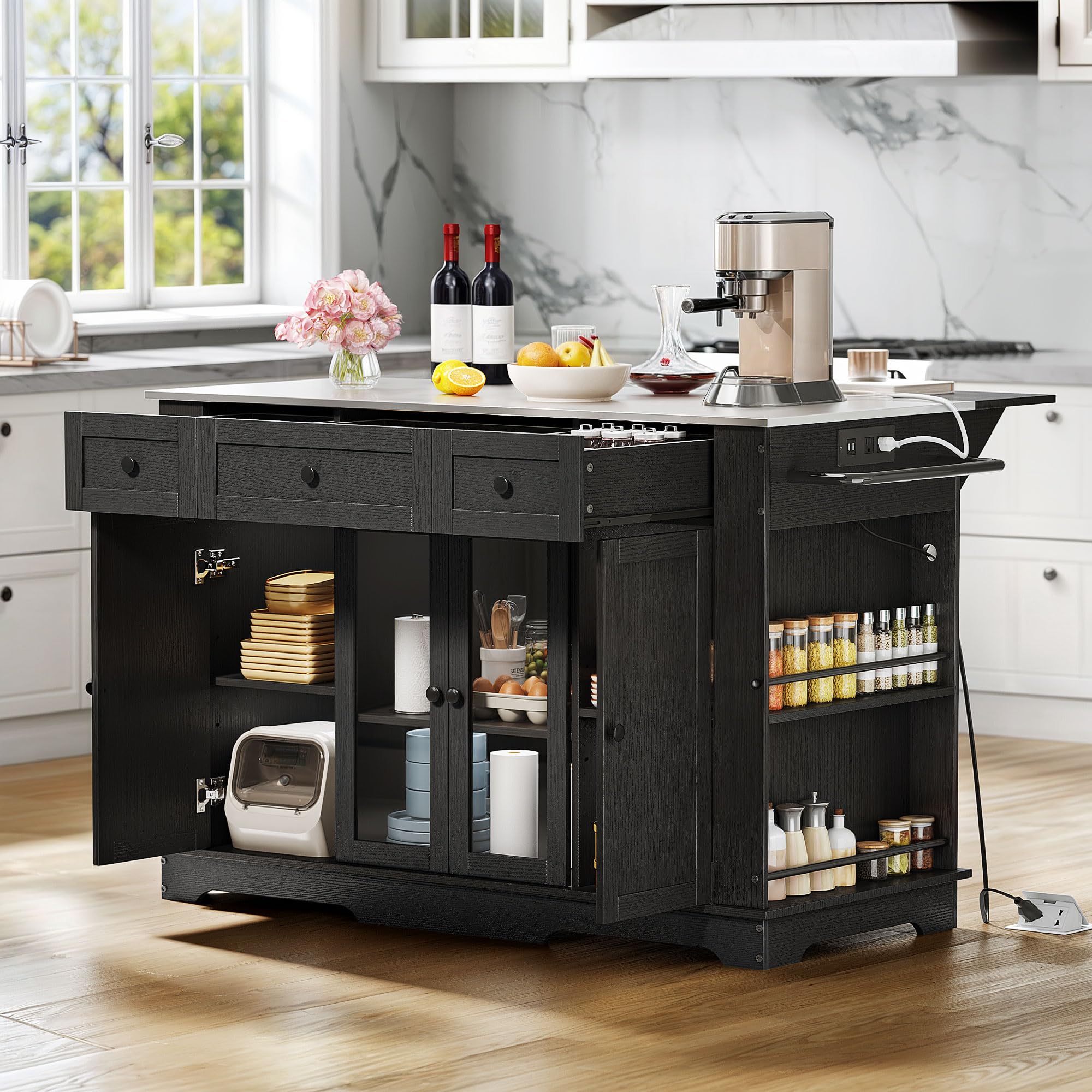 YITAHOME 60 Inch Kitchen Island with Stainless Steel Top & Power Outlet - Mobile Kitchen Cart with Drop Leaf, Storage Drawers & Wheels - Black Metal Countertop Island for Small Spaces & Apartment Cooking - Perfect for Meal Prep, Baking & Extra Counter Space