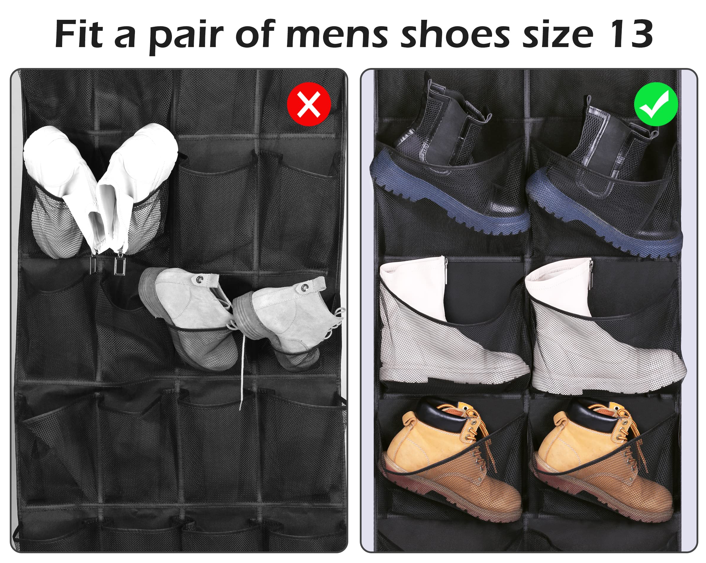 KIMBORA Over The Door Shoe Organizer - 12 Extra Large Mesh Pockets Hanging Boot Rack for Men's Shoes Size 16, Black - Perfect for Closet Storage & Space Saving in Bedrooms, Dorms, and Entryways