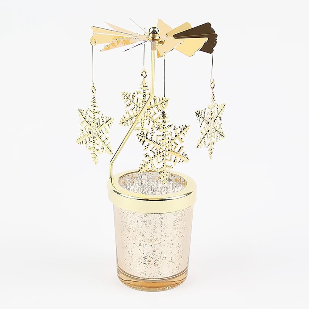 Rotating Gold Starlight Glass Candle Holder - Christmas Thanksgiving Wedding Anniversary Table Decor - Elegant Snowflake Design for Restaurants, Parties & Home Decor