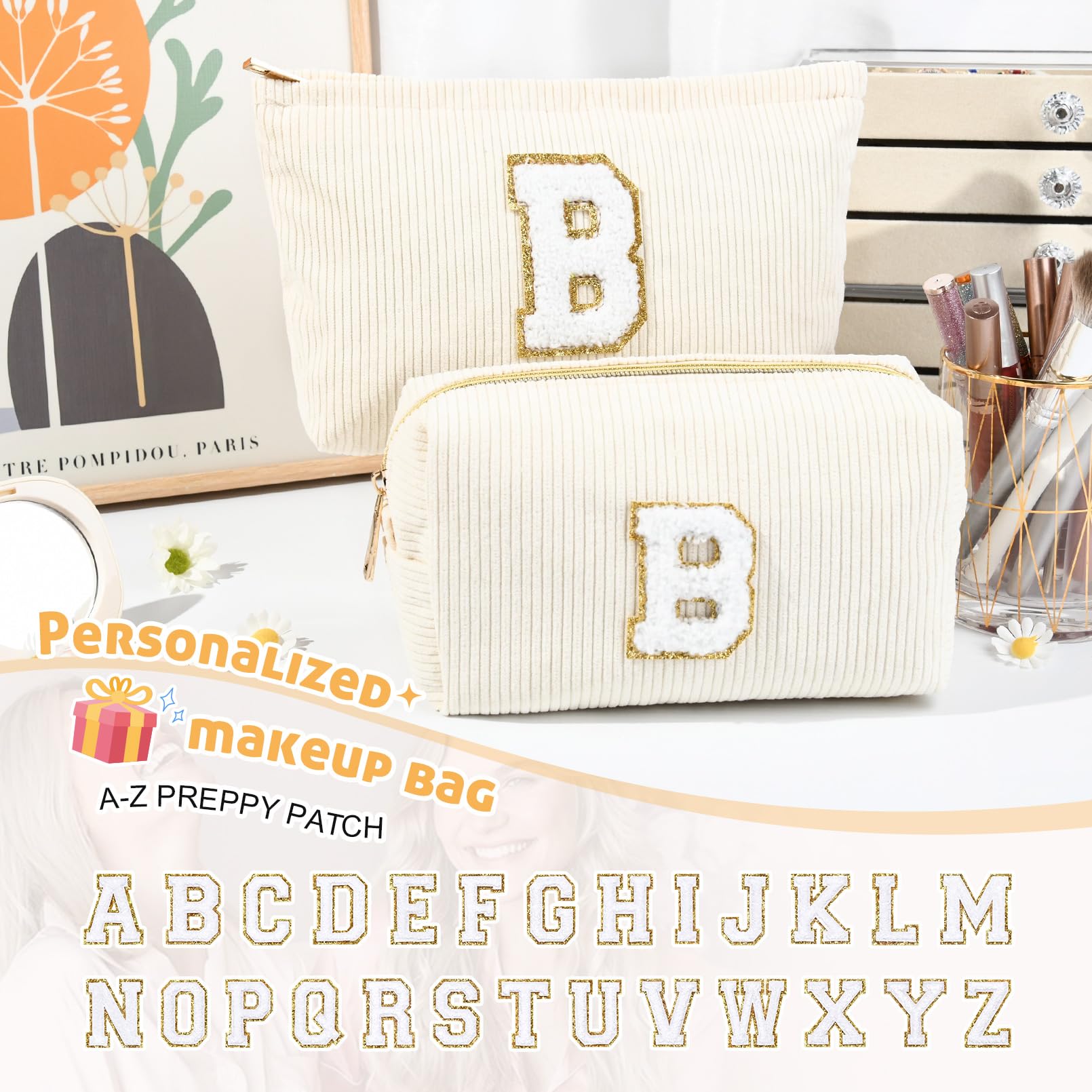 2PCS Personalized Initial Makeup Bag - Monogrammed Cosmetic Pouch for Women, Travel Toiletry Organizer | Perfect Mothers Day Gift for Mom, Girlfriend, Wife, Teacher | Birthday Present, Bridal Shower, Vacation Essentials