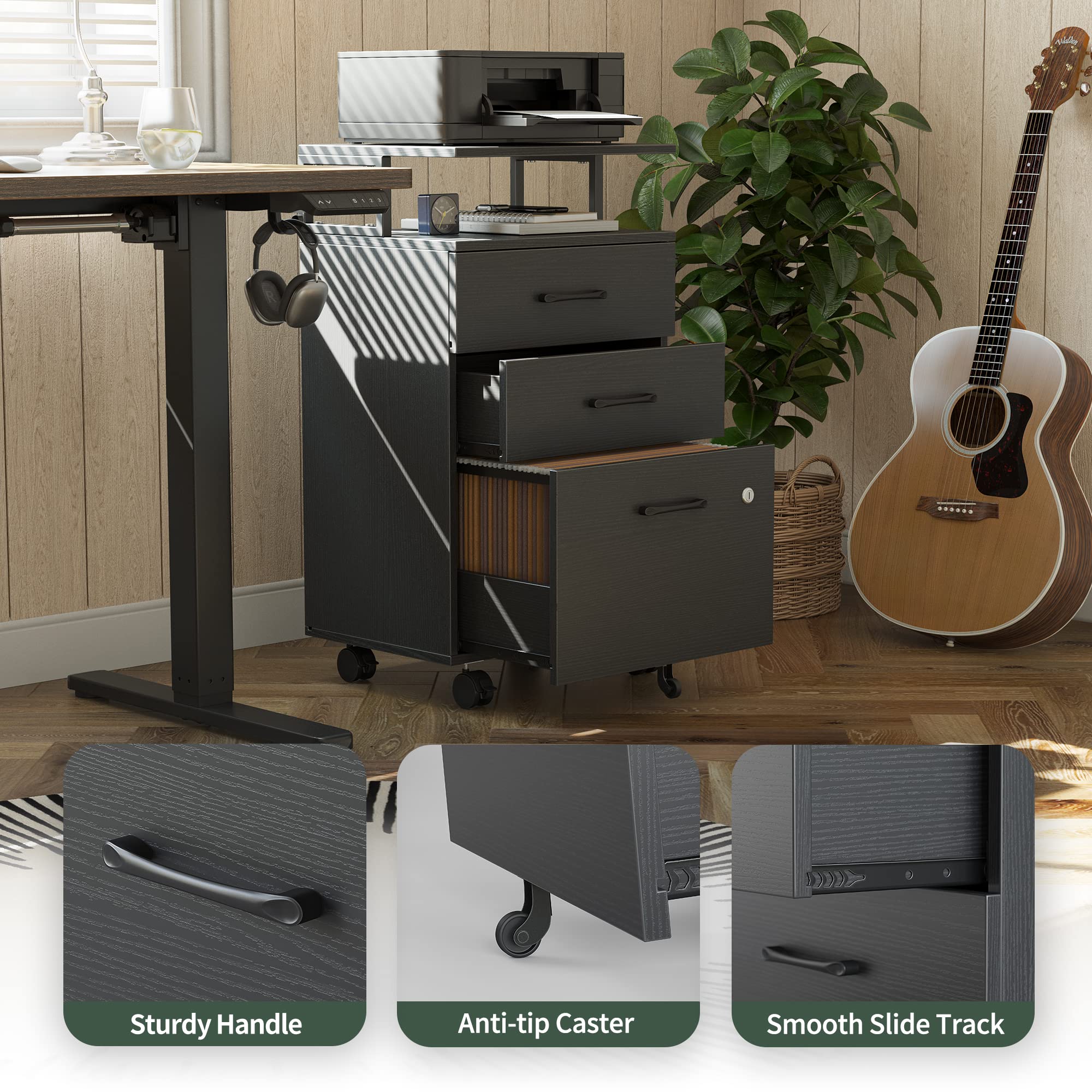 FEZIBO 3-Drawer Locking File Cabinet with Wheels - Wooden Storage Cabinet for A4/Letter/Legal Size Documents - Home Office Organization Solution for Files, Printer Stand & Office Supplies (Black) - Perfect for Small Spaces & Shared Workspaces