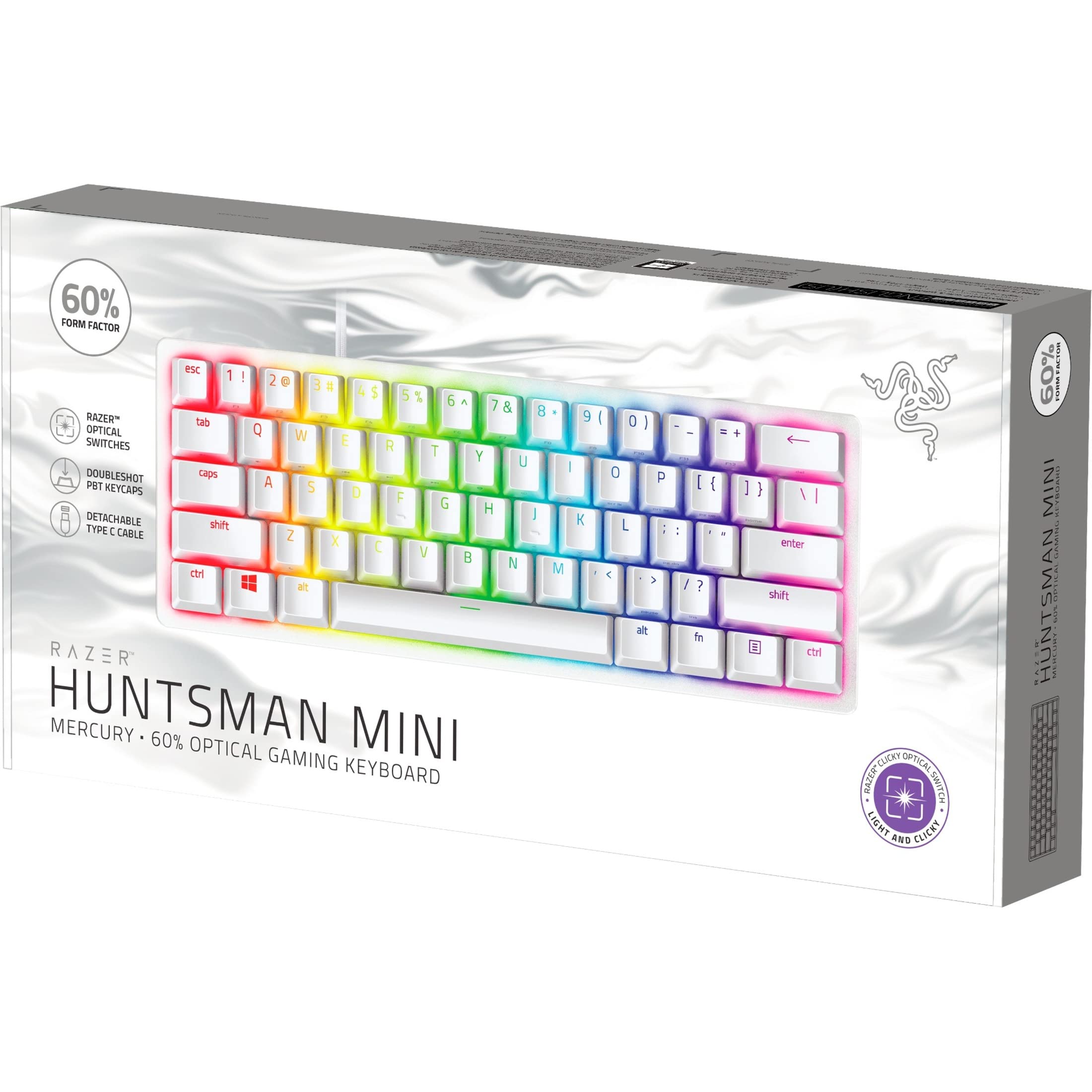 Razer Huntsman Mini 60% Wired Gaming Keyboard - Optical Clicky Switches, Chroma RGB Backlighting, PBT Keycaps - Compact Mechanical Keyboard for PC Gaming (Mercury White, Renewed) - Perfect for Esports, Streaming & Office Work
